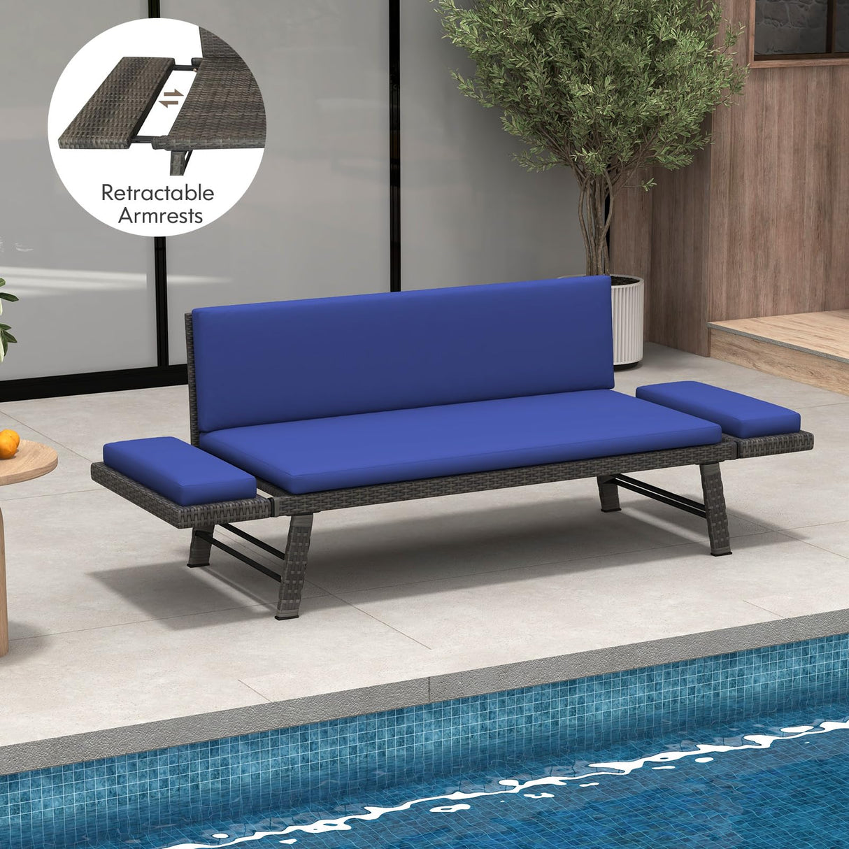 Tangkula Outdoor Convertible Sofa Daybed with Adjustable Armrests, PE Rattan Patio Couch Furniture with Thick Cushions, for Porch, Balcony, Backyard, Poolside (Navy) Tangkula