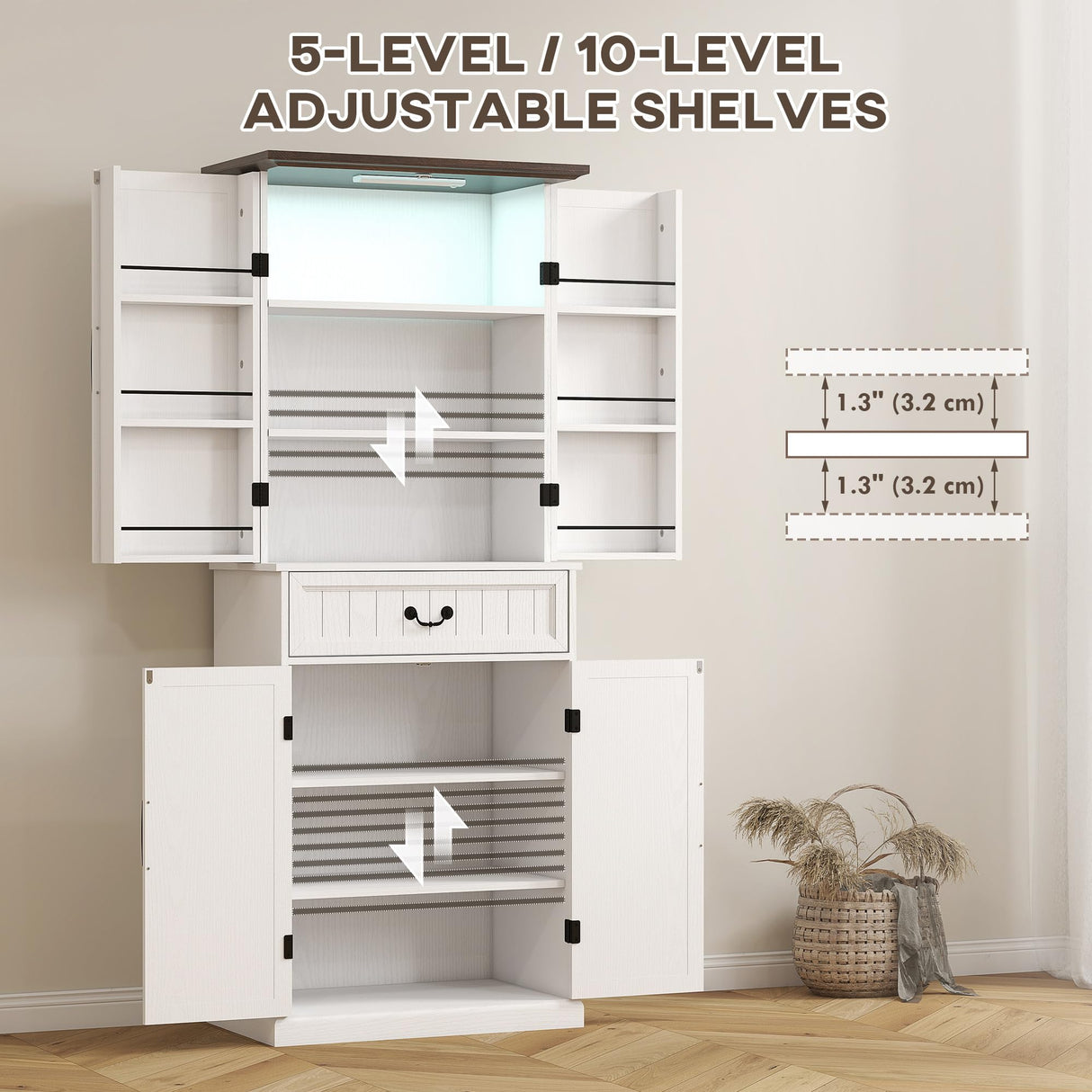 HOMCOM 71" LED Kitchen Pantry Cabinet, Farmhouse Tall Freestanding Storage Cabinet with Door Shelves, Adjustable Shelves and Drawer for Kitchen and Dining Room, Distressed White HOMCOM