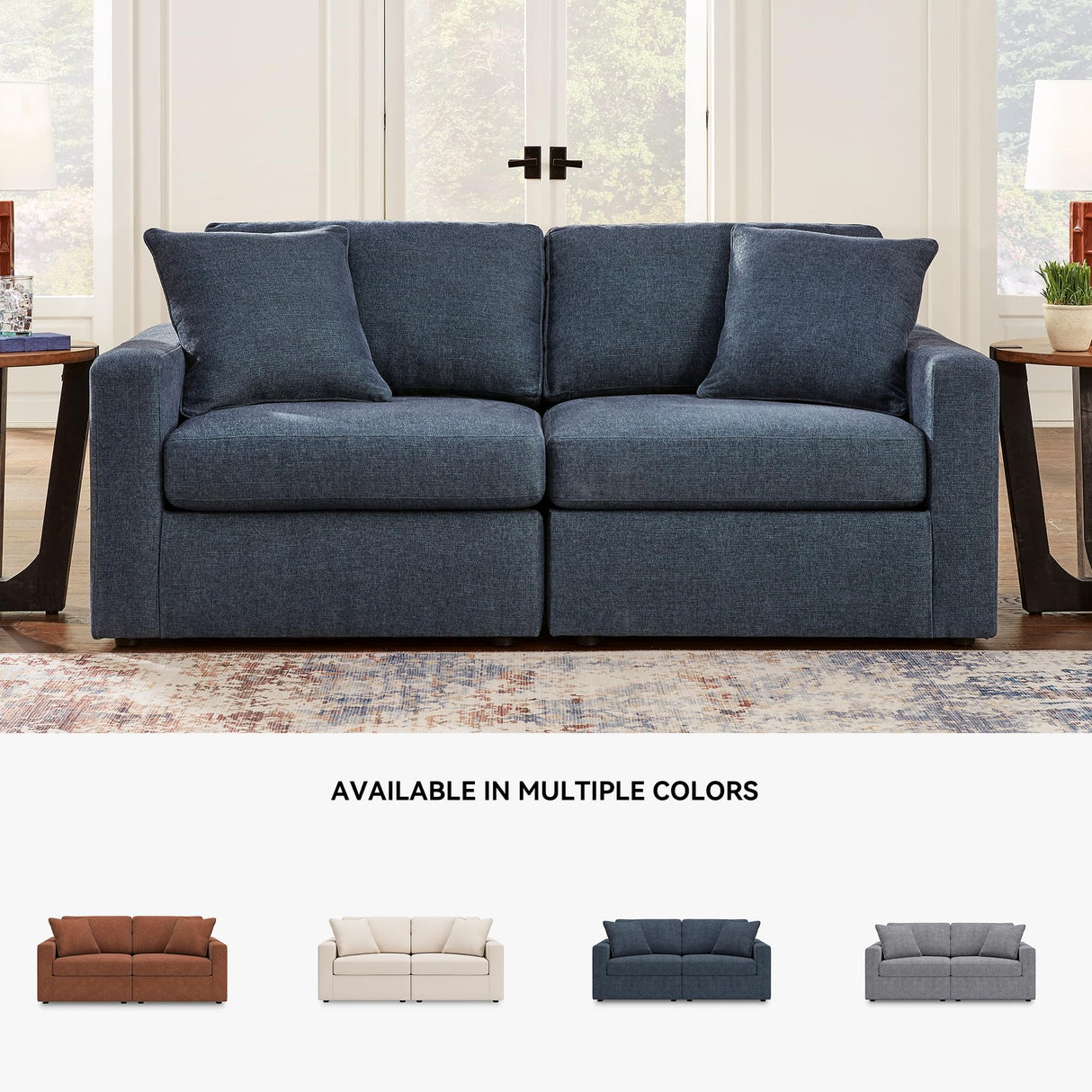 Signature Design by Ashley Modmax Contemporary Modular Stain Resistant 2-Piece Loveseat with Removable Covers and 2 Accent Pillows, Blue Signature Design by Ashley