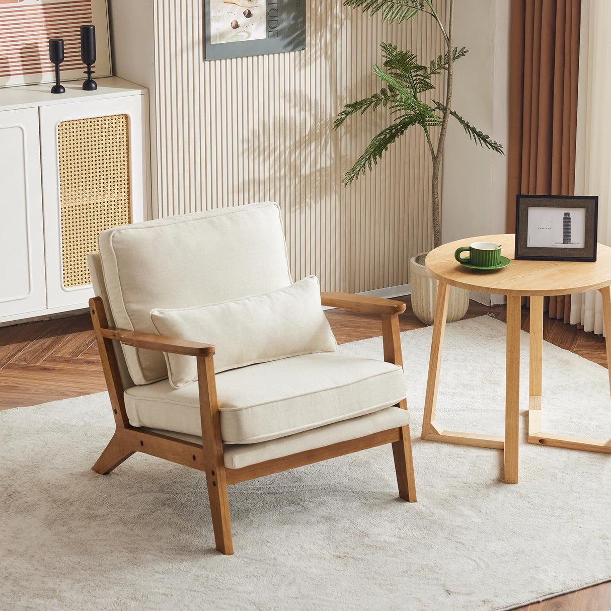 VINGLI Solid Wood Wide Armrests Accent Chair,Upholstered Mid Century Modern Chair with Pillow,Comfy Reading Chair Farmhouse Arm Chair,Chairs Living Room,Bedroom,Guest Room,Linen Fabric,Beige VINGLI