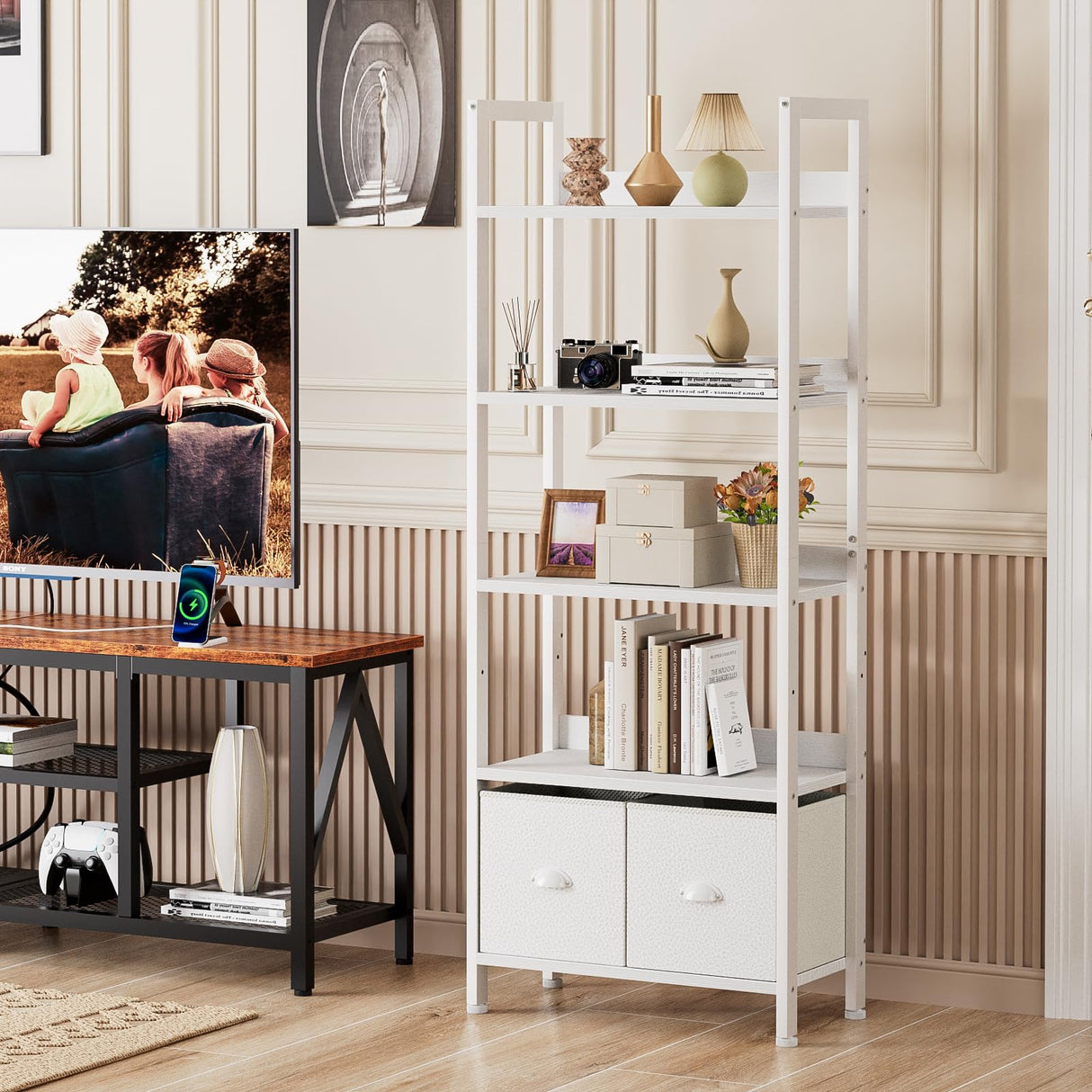 Furologee 5 Tier Bookshelf with Drawers, White Tall Bookcase with Shelves, Wood and Metal Book Shelf Storage Organizer, Modern Display Free Standing Shelf Unit for Bedroom, Living Room, Office Furologee