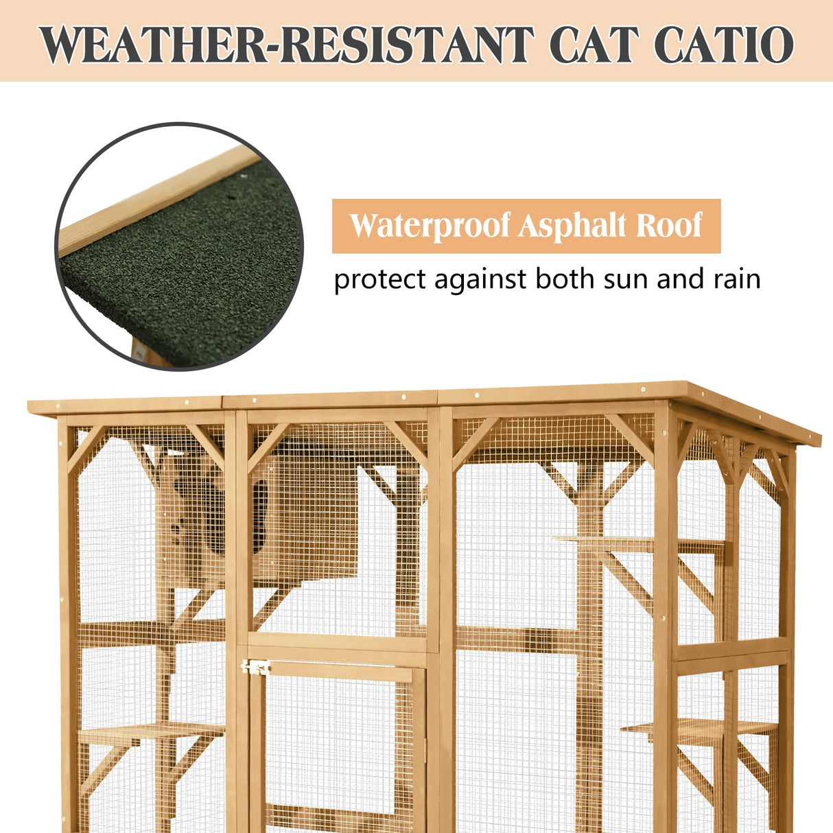 JOVNO Large Outdoor Cat House Catio Kitty Enclosure with Large Enter Door, Wooden Cat Cage Condo Indoor Playpen with 6 Platforms & Small House (Nature Wood) JOVNO