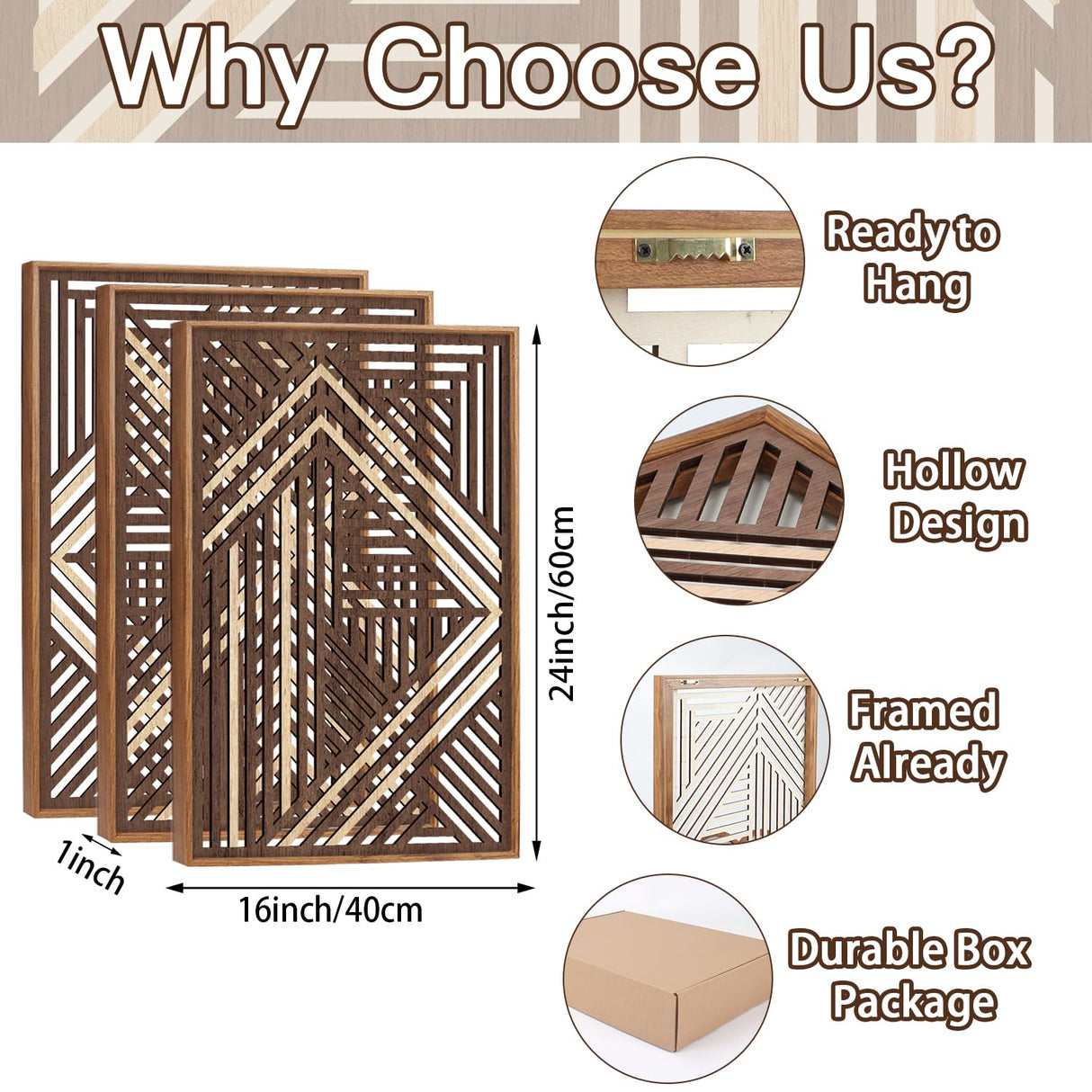 CHDITB Boho Geometric Wood Wall Art(Set of 3, 16"x24"), Large Modern Wooden Panel Hollow Line Art Decor, Rustic Abstract Minimalist Wall Hanging Artwork for Bedroom Living Room Office CHDITB