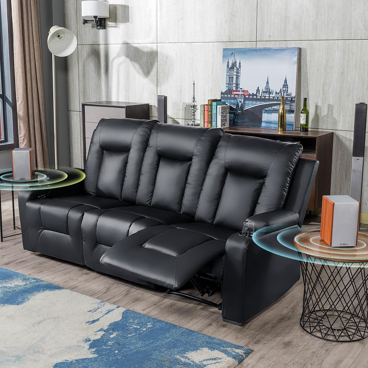 COMHOMA Living Room Furniture Set, Bonded Leather Sofa with Cup Holder Recliner Chair, 3, Black COMHOMA