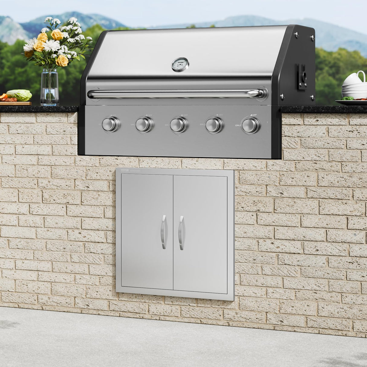 VEVOR BBQ Access Door, 24W x 24H Inch Double Outdoor Kitchen Door, Stainless Steel Flush Mount Door, Double Wall Vertical Door with Handles and Hooks, for BBQ Island, Grilling Station, Outside Cabinet VEVOR