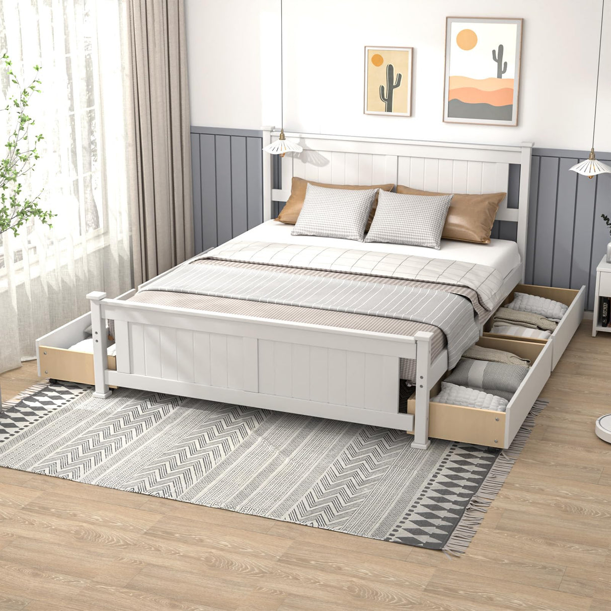 VINGLI Queen White Wood Bed Frame with Storage Drawers and Headboard VINGLI
