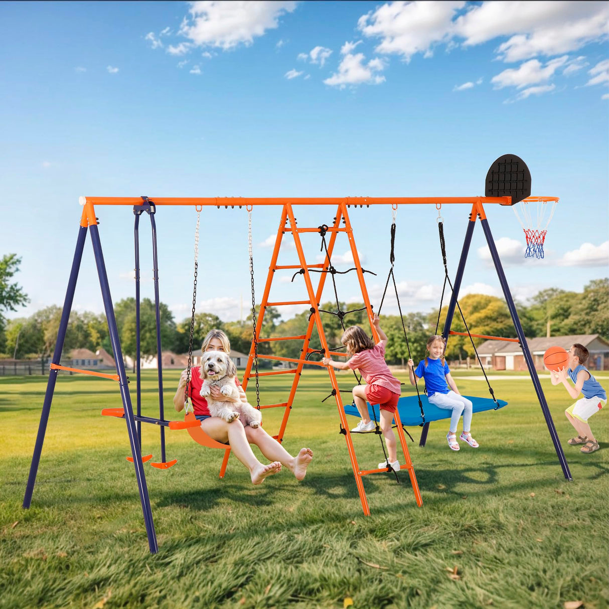 SUPER DEAL Outdoor Swing Set for Kids, Metal Playset with Adjustable Swings, Climbing Ladder and Nets, Swing Glider, Basketball Hoop for Backyard Playground, Heavy Duty 6 in 1 SUPER DEAL
