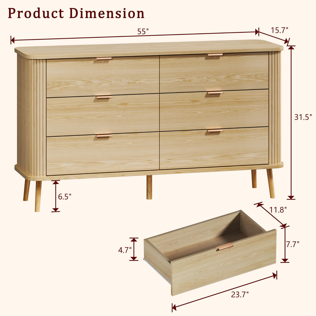 HUAHUU Fluted 6 Drawers Dresser for Bedroom, 55" Mid Century Modern Dresser & Chests of Drawers, Curved Profile Design, Dressers TV Stand, Wood Storage for Hallway, Entryway, Oak HUAHUU
