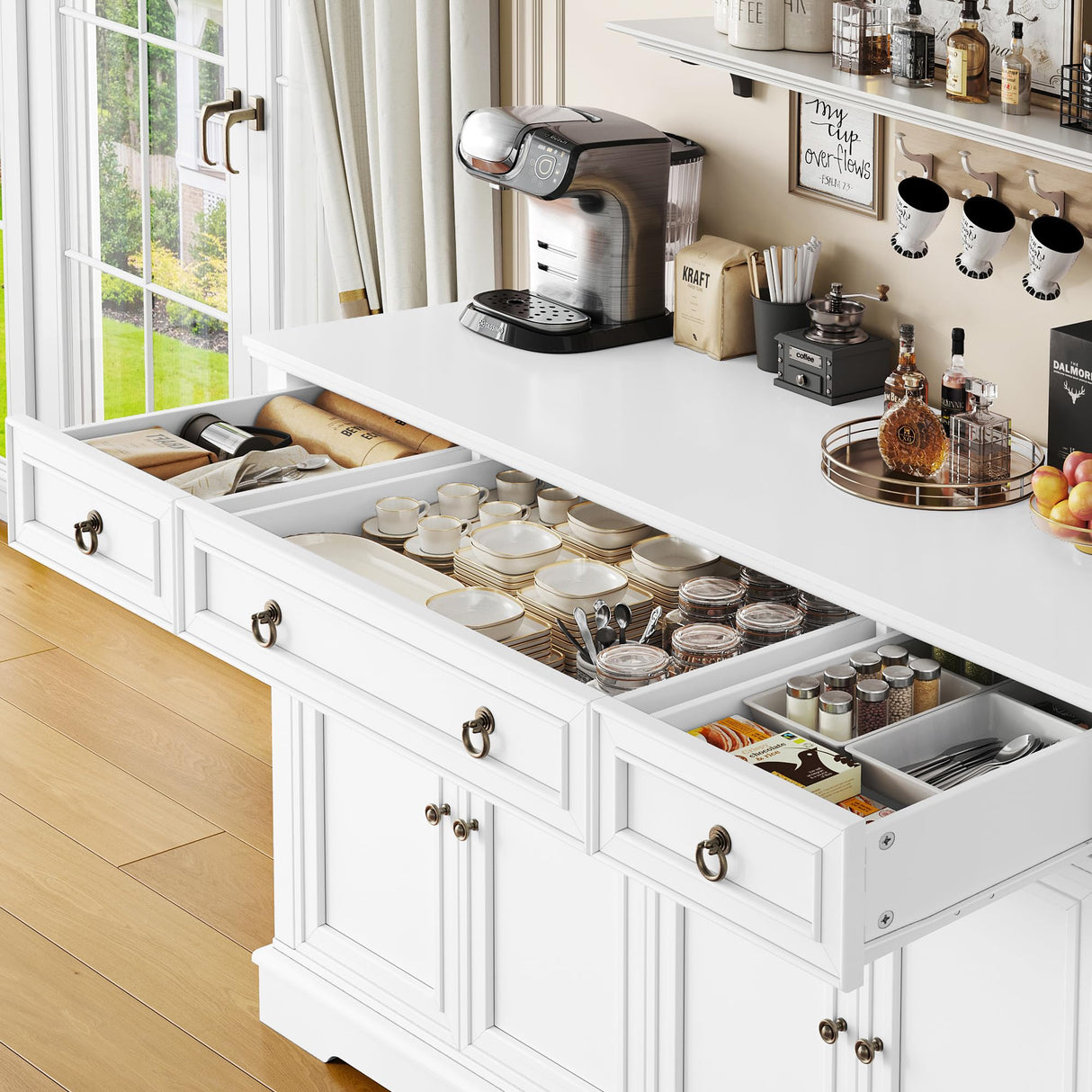 finetones Buffet Cabinet with Storage, 55.1" Large Sideboard Buffet Cabinet, White Kitchen Cabinet with 3 Drawers and 4 Doors, Wood Coffee Bar Cabinet for Kitchen Dining Room, White finetones