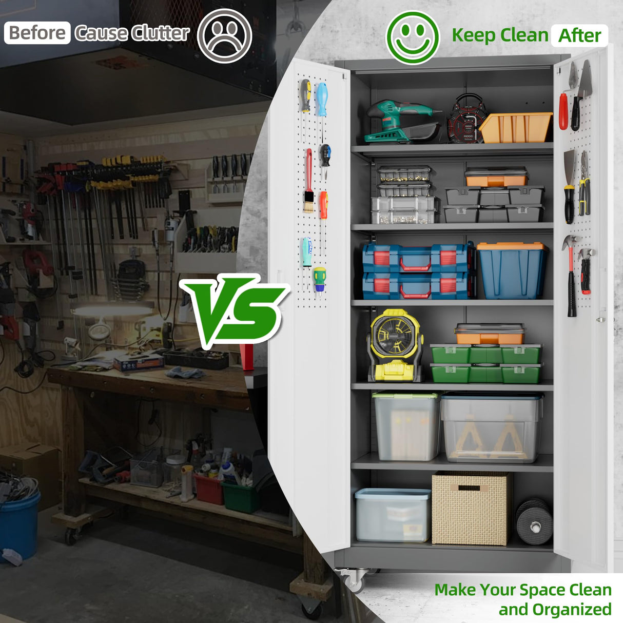 Aobabo Upgraded Garage Storage Cabinets with Wheels,Metal Storage Cabinets with 5 Adjustable Shelves for Garage Home Office Storage, Grey&White,71''H*32''W*16''D,Assembly Required Aobabo