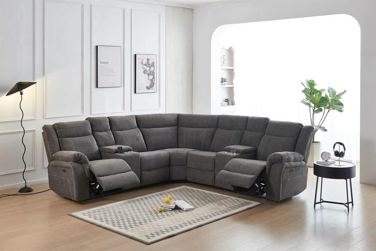 Power Reclining Sofa with Fabric Upholstery, 2 Consoles, USB Port and Cup Holders, Sectional Reclining Couch for Living Room Secsofier