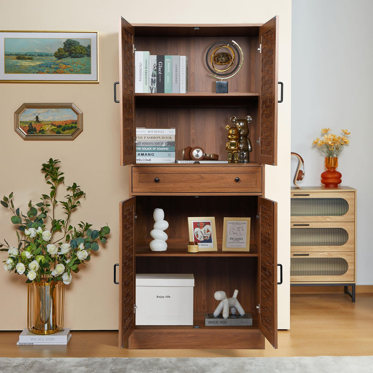 NVETHM Storage Cabinet, Kitchen Pantry, Freestanding Cabinet with Adjustable Shelve and drawer, Tall Cabinet for Living Room, Bedroom, Dinging Room, Office Room, Garage (Walnut) NVETHM