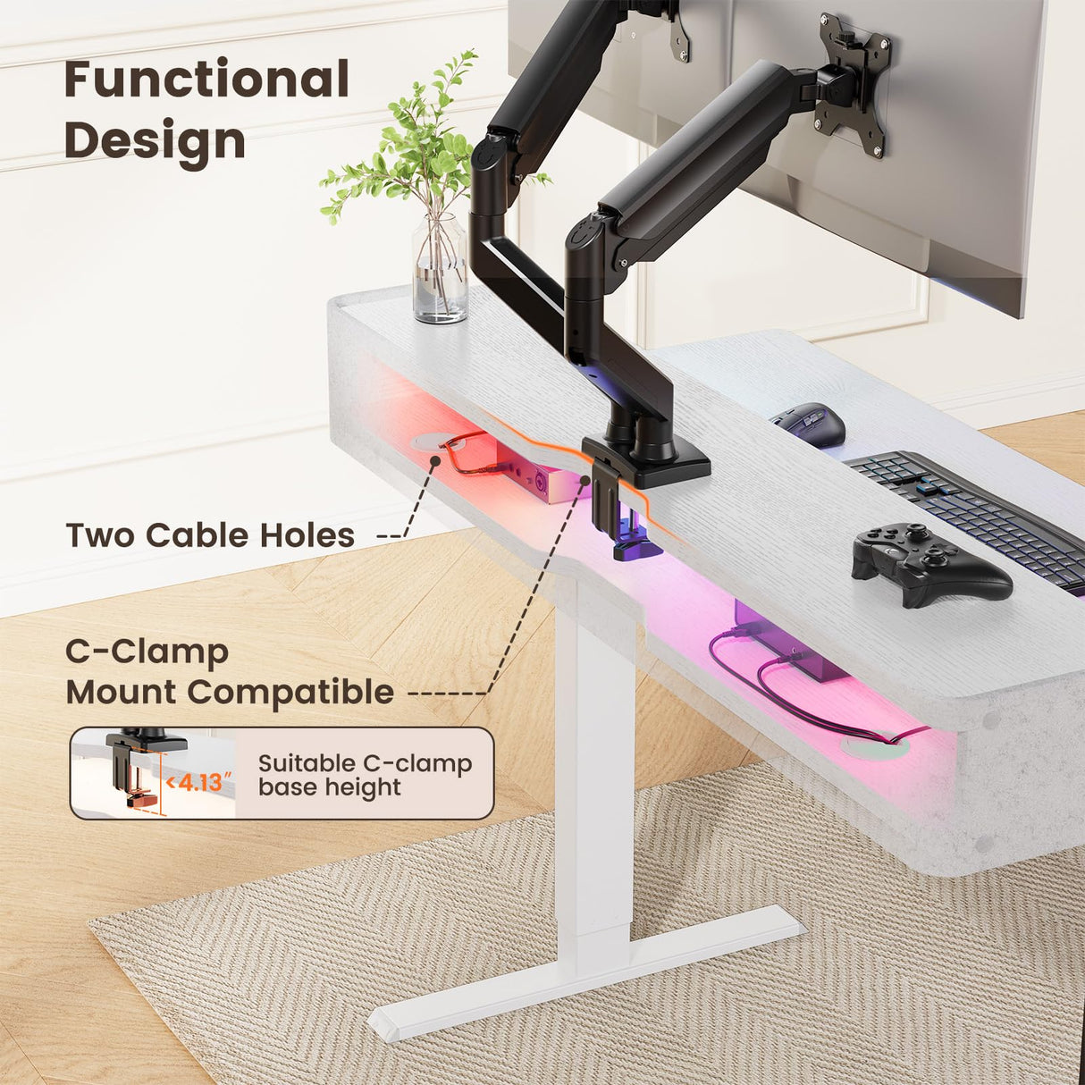 ErGear Standing Desk with LED Strip, 48″ x24″ Electric Height Adjustable RGB Gaming Desk with Shelf, Sit Stand Desk with Dual Cable Holes, C-Clamp Mount Compatible, 4 Preset Heights, White ErGear