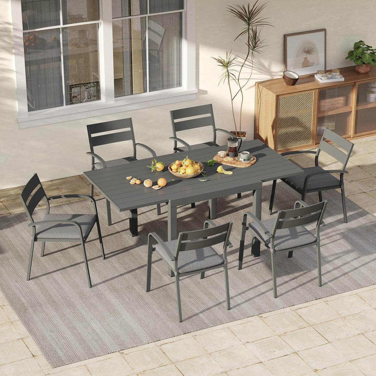 Soleil Jardin 7-Piece Outdoor Patio Dining Set, 35" - 71" Aluminum Expandable Outdoor Dining Table Set for 6, 6 Stackable Chairs with Gray Removable Cushions, Dark-Grey Soleil Jardin