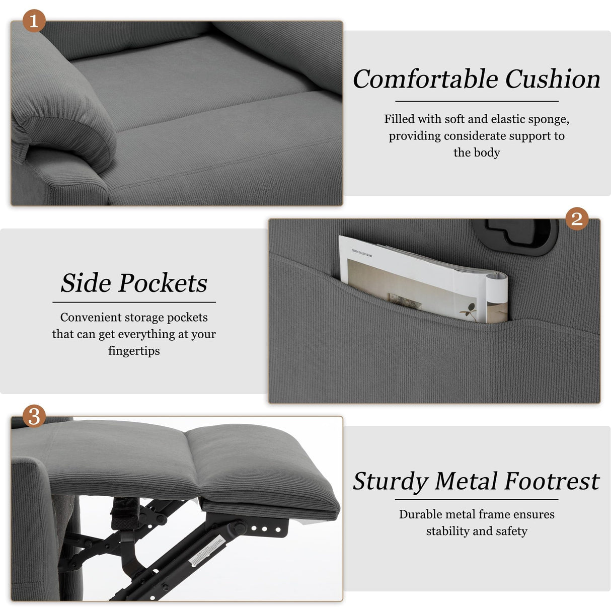 Korser Recliner Chair, Small Recliners for Small Spaces, Upholstered Manual Recliner with Side Pockets, Comfy Corduroy Chairs for Living Room, Bedroom, Reading, Grey Korser