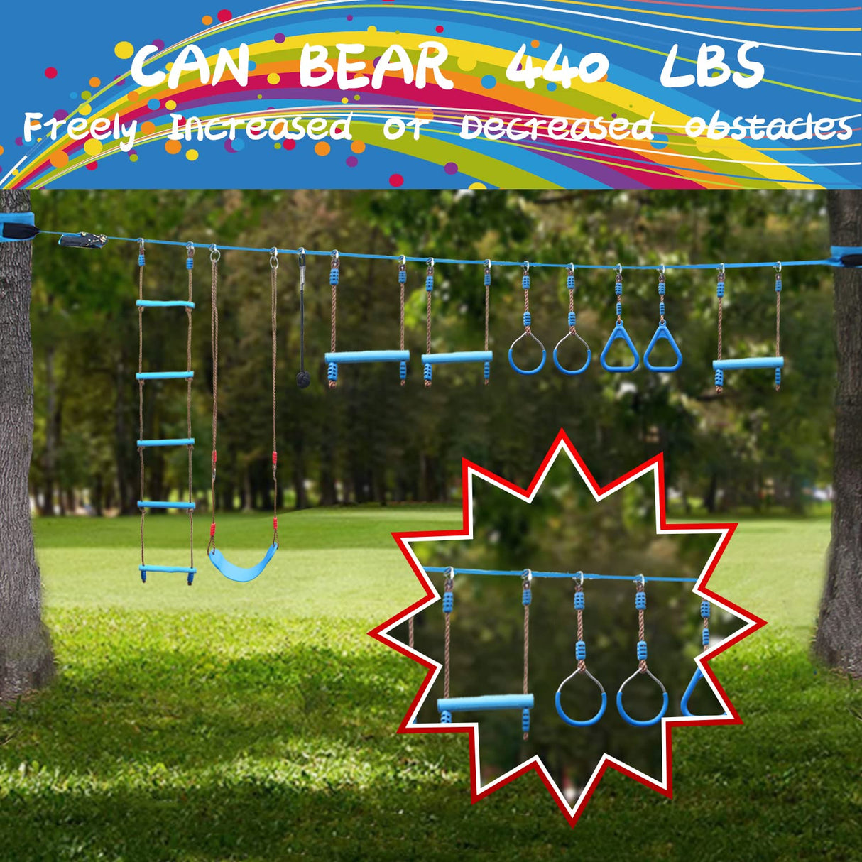 VOKSAFE Ninja Warrior Obstacle Course for Kids - Ninja Backyard Obstacle Course - 50' Weatherproof Outdoor Ninja Course Set with 10 Obstacles, Like Ladder, Swing VOKSAFE