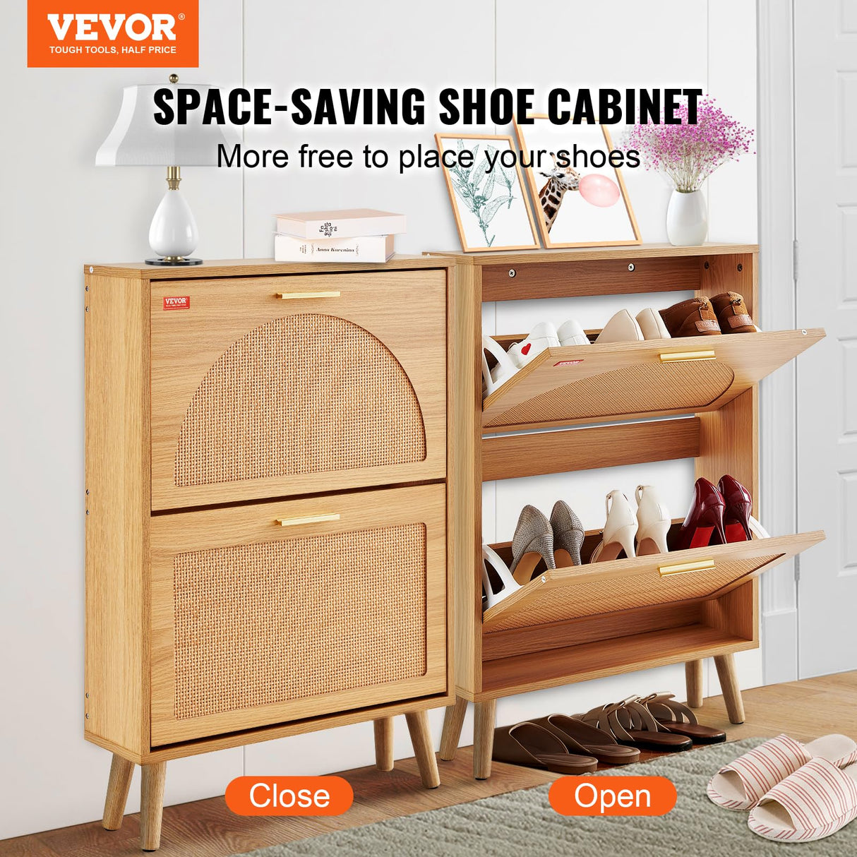 VEVOR Shoe Cabinet with 2 Flip Drawers, Shoe Storage Cabinet for Entryway, Free Standing Shoe Storage Organizer with Rattan Doors for Heels, Boots, Slippers in Hallway, Living Room VEVOR
