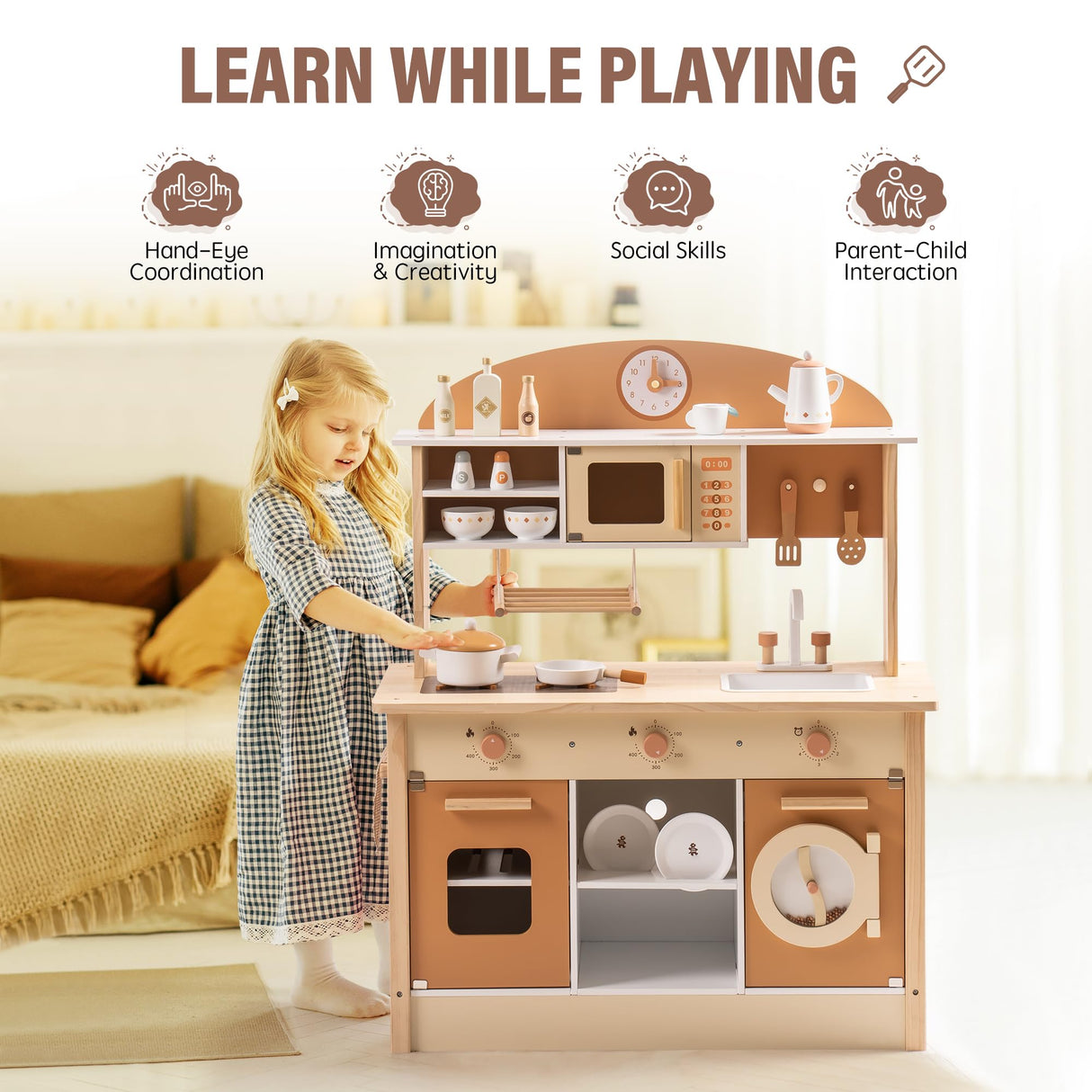 ROBOTIME Wooden Play Kitchen Set, Pretend Play Kitchen Wooden Toy Set for Kids w/Realistic Design, Kids & Toddlers Kitchen Playset with Dishwasher, Toy Kitchen Set for Boys and Girls Ages 3+ (Brown) ROBOTIME