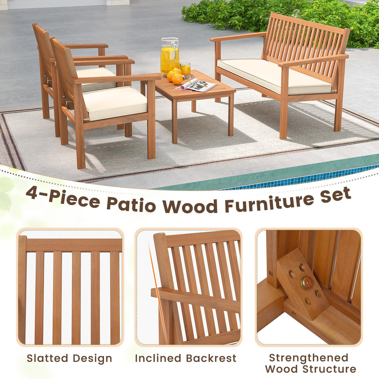Tangkula 4 Piece Patio Wood Furniture Set, Acacia Wood Sofa Set w/Loveseat, 2 Chairs & Coffee Table, Soft Seat Cushions, Outdoor Wood Furniture Set for Porch, Yard, Balcony (Off White) Tangkula