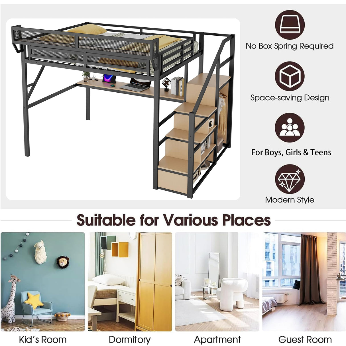 Mirightone Queen Size Loft Bed with Desk & Stairs, Heavy-Duty Metal Loft Beds with LED and Charging Station, High Loft Bed Frame with Wardrobe for Boys Girls and Teens, No Box Spring Needed (Black) Mirightone