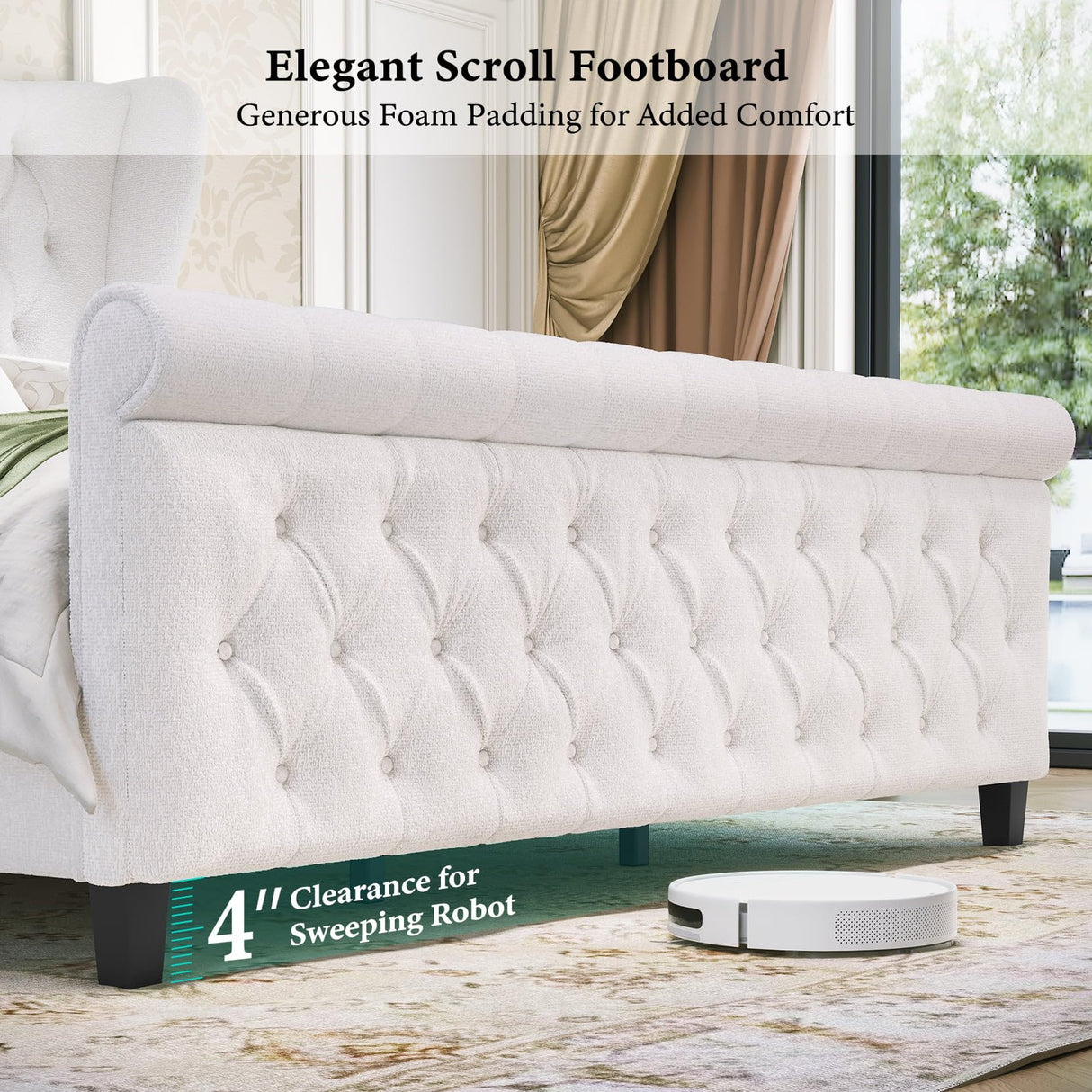 Luxury Queen Size Sleigh Bed Frame with Upholstered Headboard & Footboard,Tufted Chenille Fabric,Sturdy Wood Slat Support,Classic Wingback Design,Cream koorlian