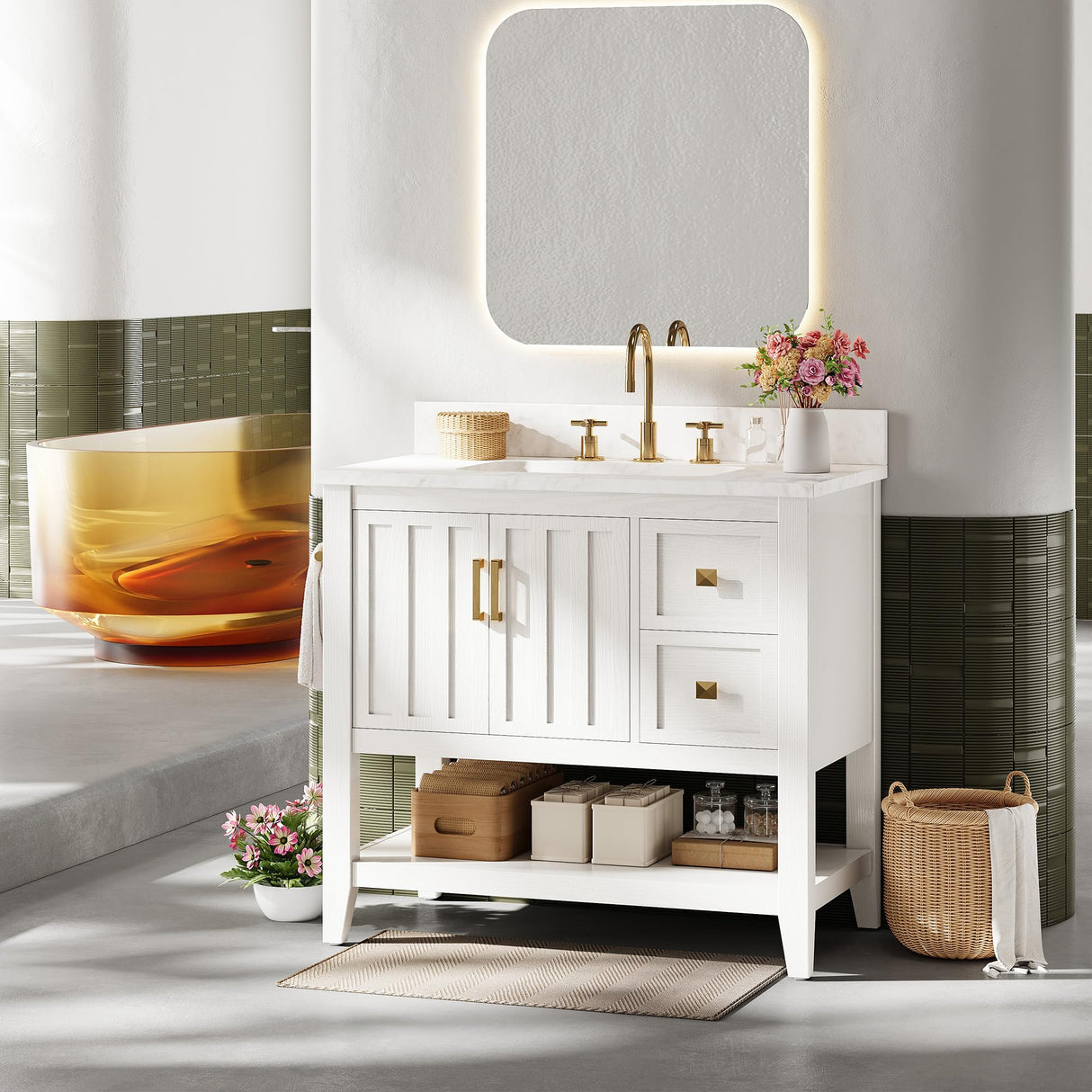 IRONCK 30" Bathroom Vanity with Sink, Farmhouse Bathroom Cabinet, Bathroom Vanity Set with 2 Drawers & Storage for Guest Baths Master Suites or Rental Units, Industrial White IRONCK