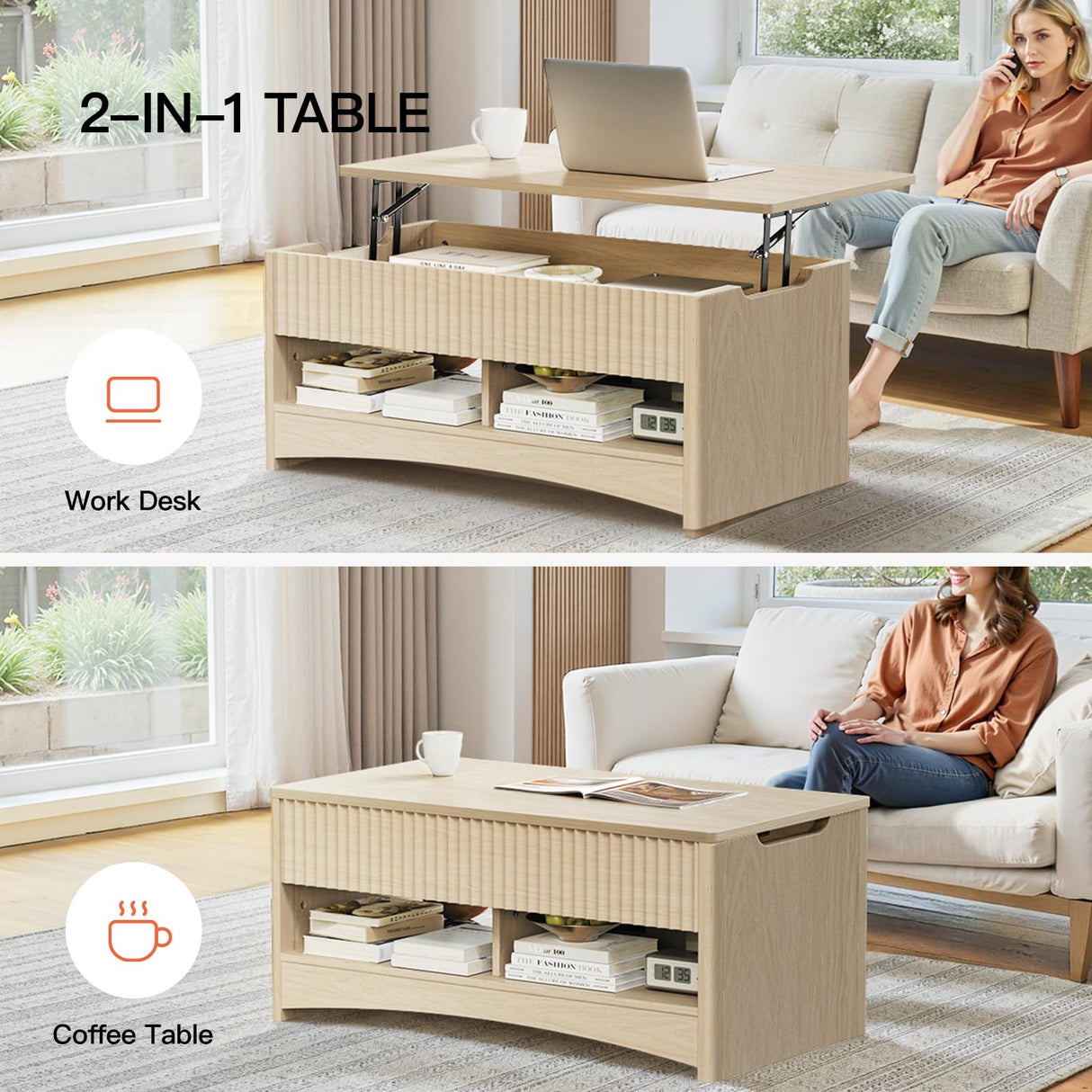 Amada Coffee Table Fluted Lift Top, 35.2" Wood Table with Storage Shelf & Hidden Compartment, Modern Rectangle Center Table for Living Room, Sturdy & Multi-Functional, Holds Up to 220LBS, Natural Oak AMADA HOMEFURNISHING