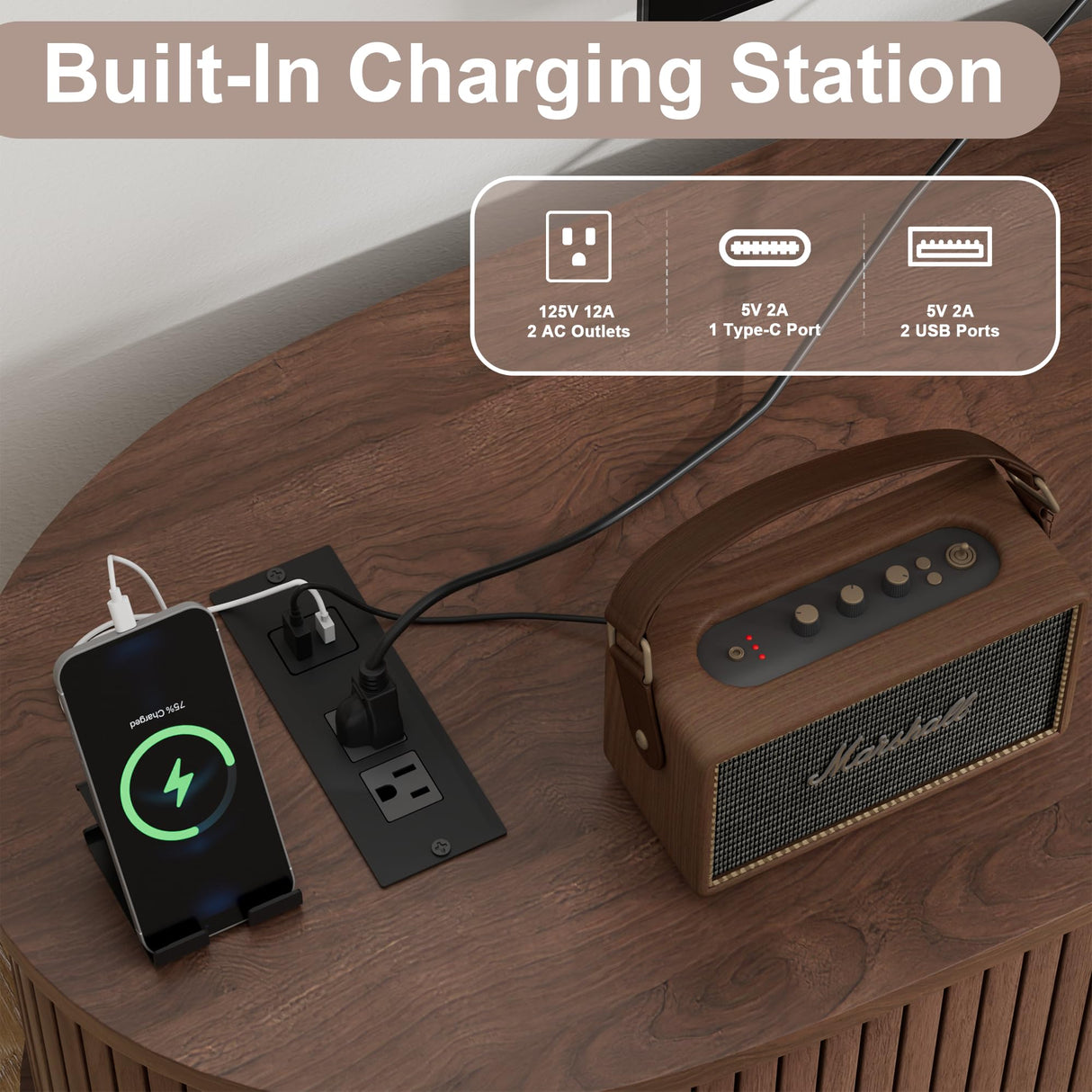 69" Mid Century Modern TV Stand with Charging Station, Farmhouse Curved Round Edge TV and Media Console Table with Drawer and Shelf, Fluted Entertainment Center for Living Room, Bedroom, Walnut Alohappy