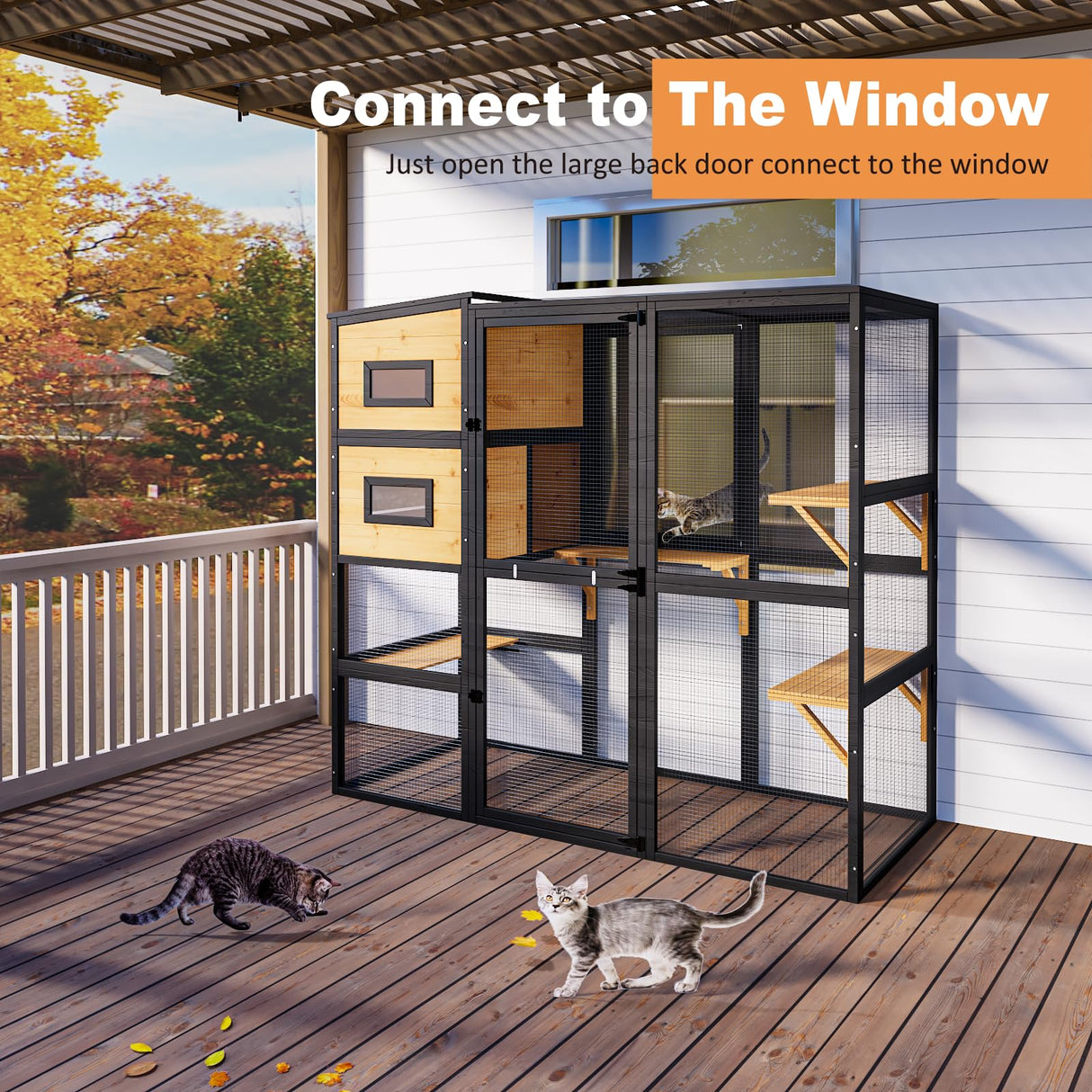 TIMHAKA Large Indoor Cat Catio, 4 Tier Outdoor Cat Enclosures House for Cats with Waterroof Roof, 3 Resting Rooms, 3 Platforms, Cats Catio Connect to Window with 2 Large Door, Feral Pet Shelter, Black TIMHAKA