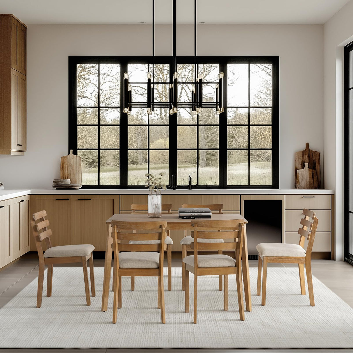 Modern Dining Table Set for 4, Wooden Farmhouse Dining Roon Table and Solid Wood Chairs, 7-Piece Dining Set for Home, Kitchen, Dining Room, 6 Upholstered Chairs, Solid Wood Legs SIMTONAL