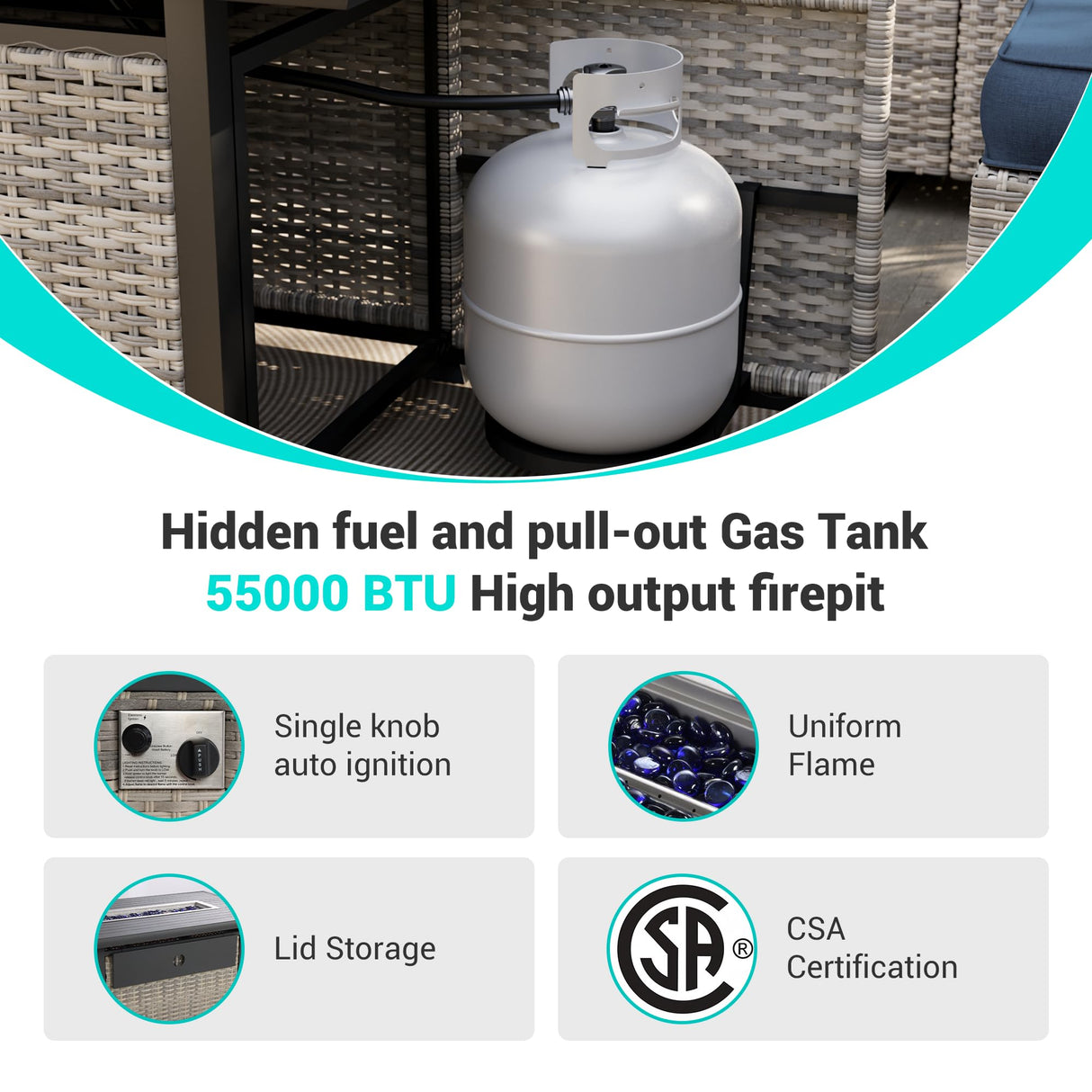 Muphyers 13-Piece Outdoor Patio Furniture Set with Rocking Swivel Chair, Wicker Rattan Sectional Sofa Conversation Set with 55,000 BTU Fire Pit Table with Ottomans, Backyard Furniture, Navy Blue Muphyers