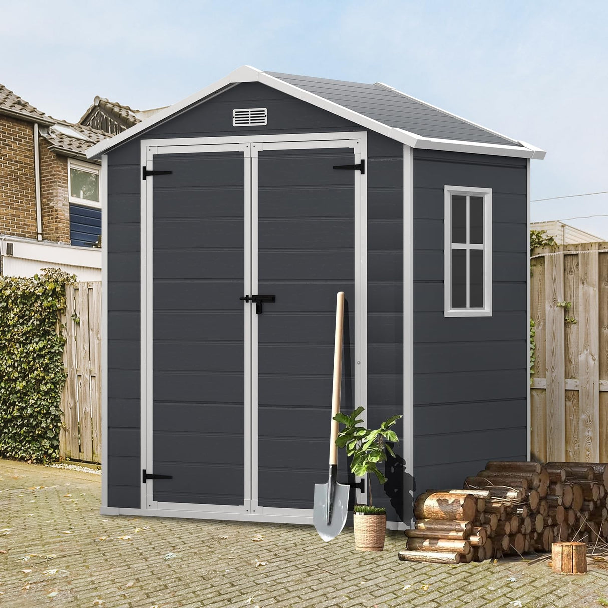 Seizeen 6x4.4ft Outdoor Resin Shed with Floor, All-Weather Plastic Storage Shed with Lockable Doors, Window & Vents, Tool Sheds & Outdoor Storage Clearance for Garden Patio (Dark Gray) Seizeen
