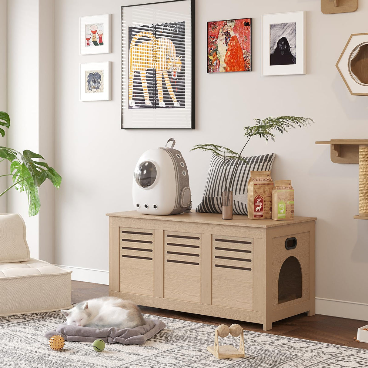 DINZI LVJ Litter Box Enclosure, Flip Top Litter Box Furniture, Hidden Cat Washroom, Wooden Cat House, End Table, 39.4" L x 19.7" W x 19.7" H, Good Ventilation, Easy to Assemble, Natural DINZI LVJ