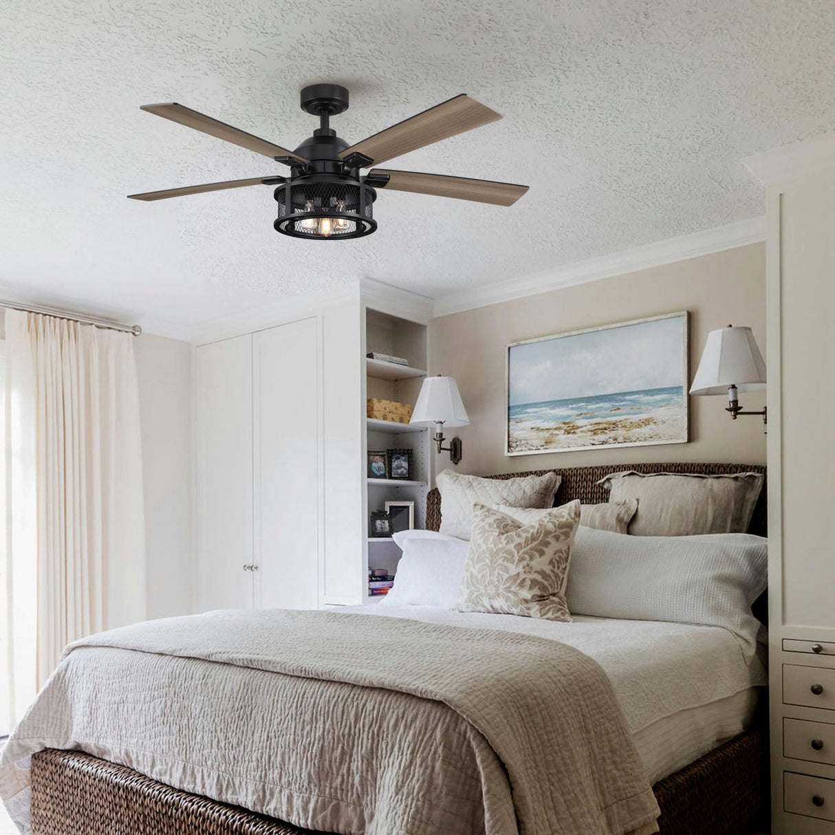 Ceiling Fans with Lights and Remote, 52 Inch Farmhouse Rustic Ceiling Fan for Bedroom Living Room, Black Outdoor Ceiling Fans with Caged Lights Chandelier, Reversible 5 Blades, Ventilador de Techo Parrot Uncle