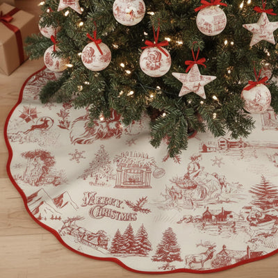 Vertintong 48 Inch French County Christmas Scalloped Tree Skirt Retro Vintage Print Color French Christmas Velvet Mat Tree Carpet for Xmas Red Home Vintage Holiday Seasonal Decors