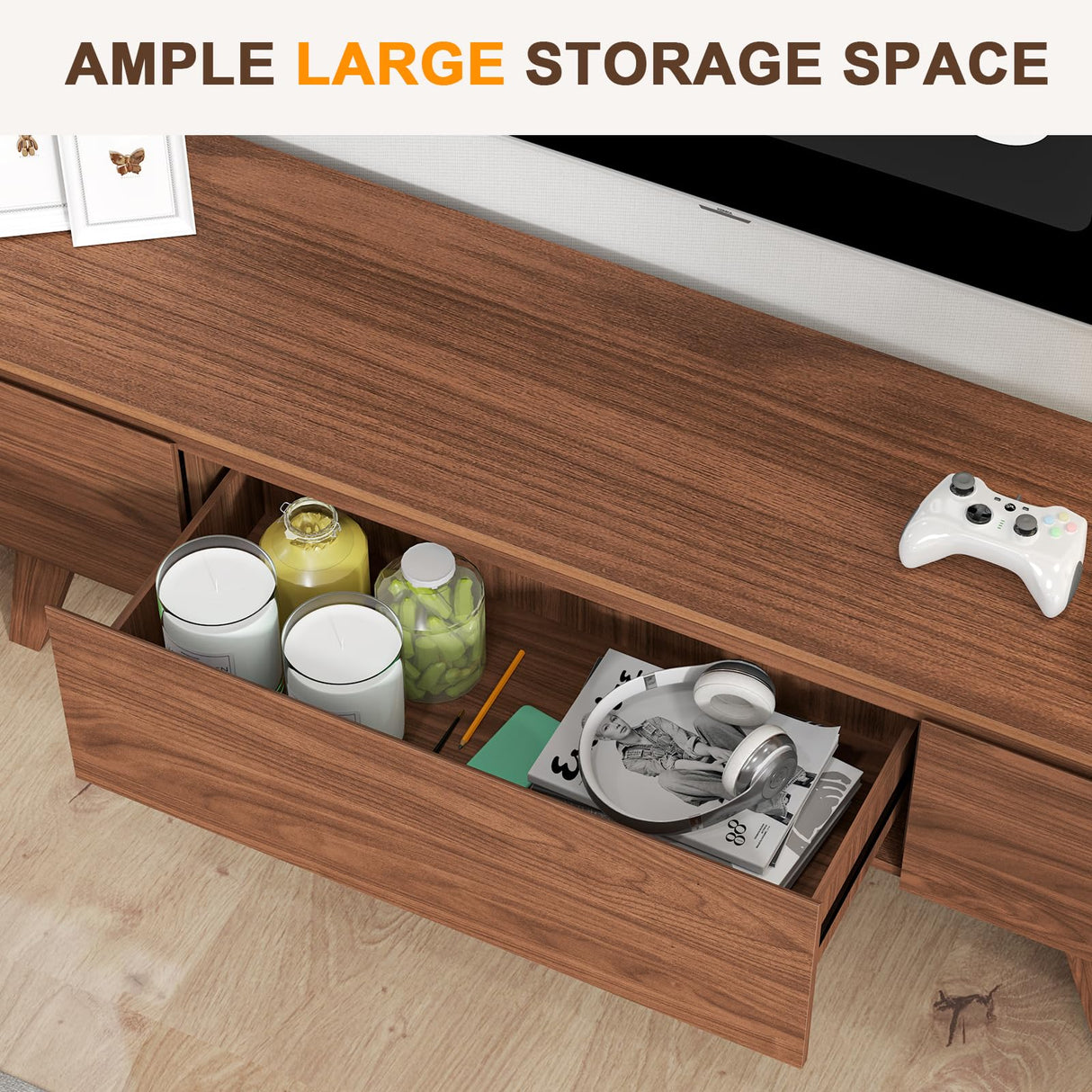 ANJ Mid Century TV Stand, Modern Long TV Console for 80 inch TV, Entertainment Center with Ample Large Storage Cabinet, Wooden Television Furniture for Living Room (Walnut 70") ANJ