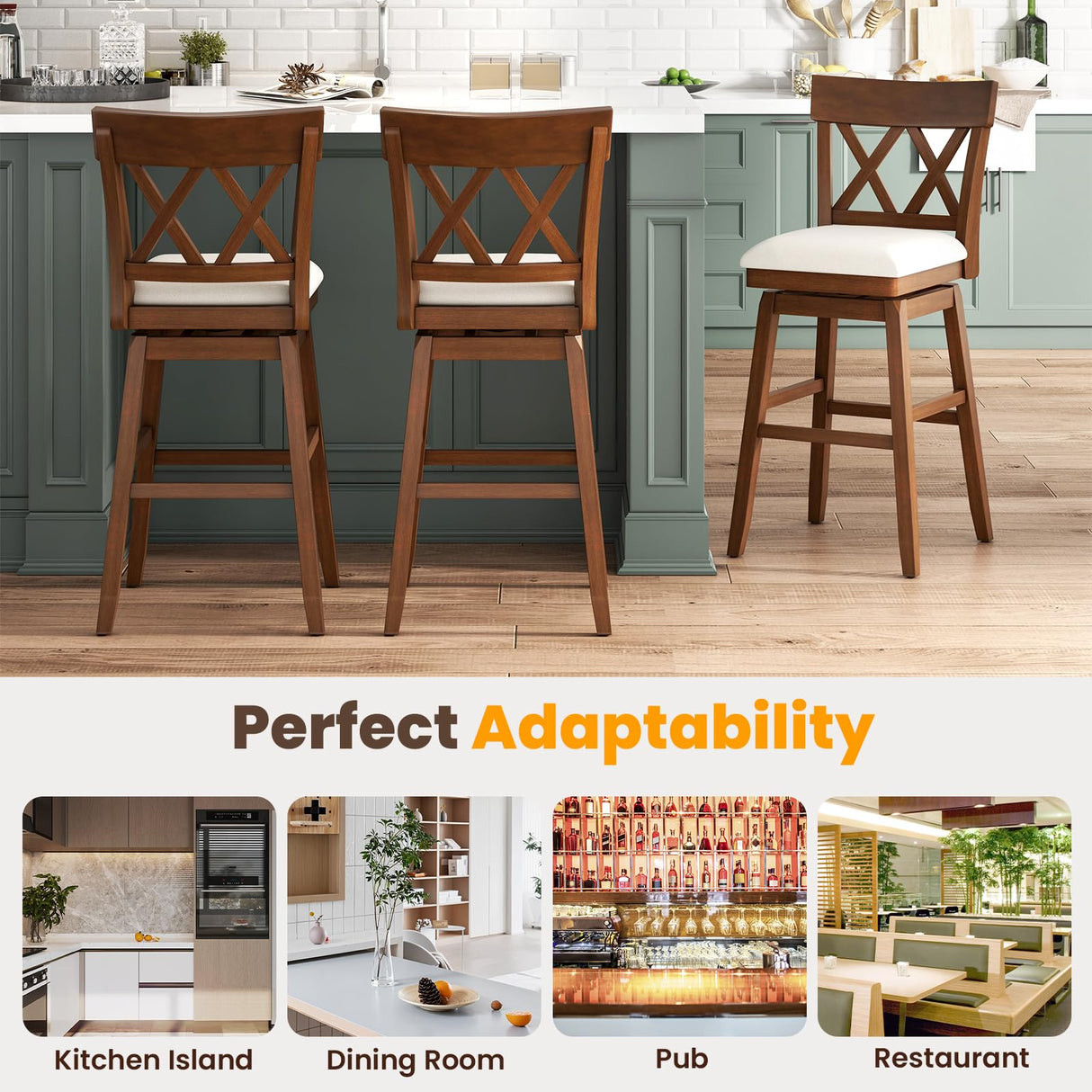 Giantex 31" Bar Stool, Swivel Bar Height Bar Chair with Contoured Backrest, Padded Seat & Rubber Wood Legs, Farmhouse Wooden Barstool for Kitchen Island, Restaurant & Pub Giantex