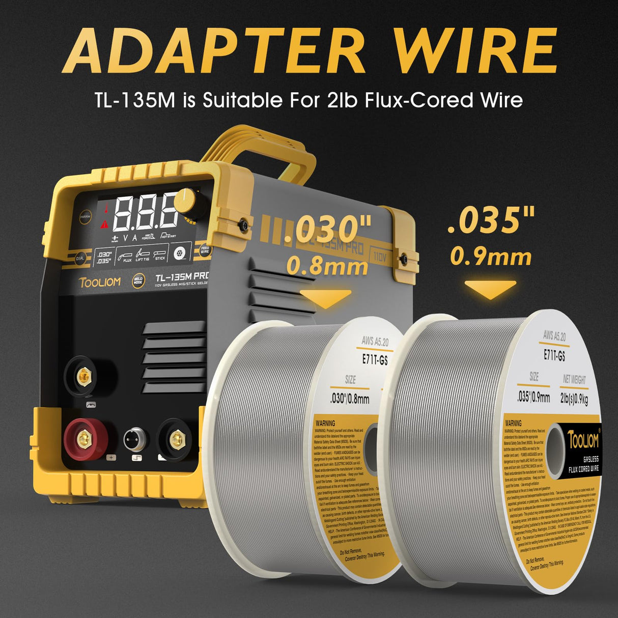 TOOLIOM 135A MIG Welder Flux Core 110V MIG Welder Gasless Flux MIG/Lift TIG/Stick 3 in 1 Welding Machine IGBT DC Inverter with LCD Display TOOLIOM