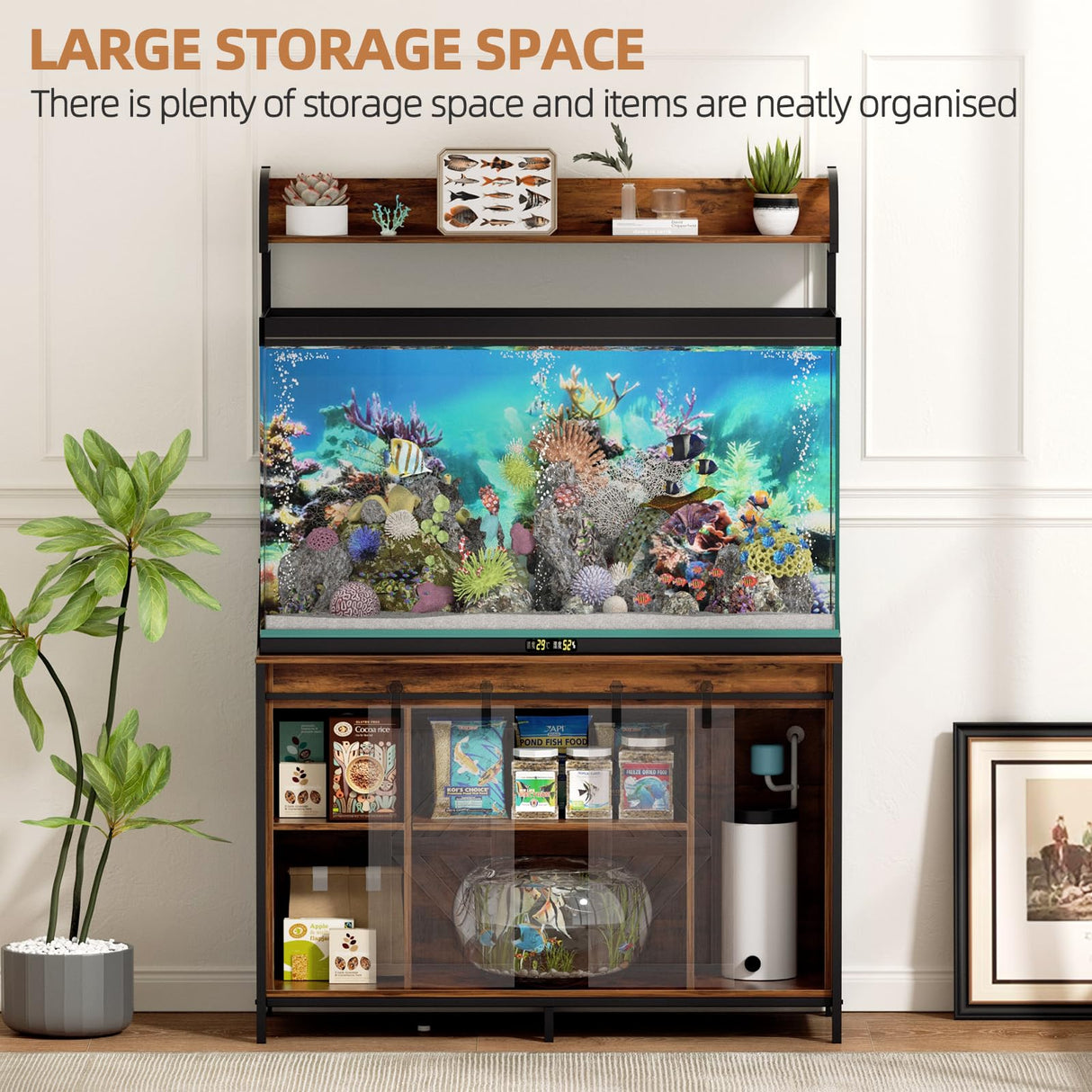 SYESWAY 55-75 Gallon Fish Tank Stand with Power Outlets, Heavy Duty Metal Frame Aquarium Stand with Barn Door, Turtle Reptile Terrariums Stand, 1000LBS Capacity, Brown SYESWAY