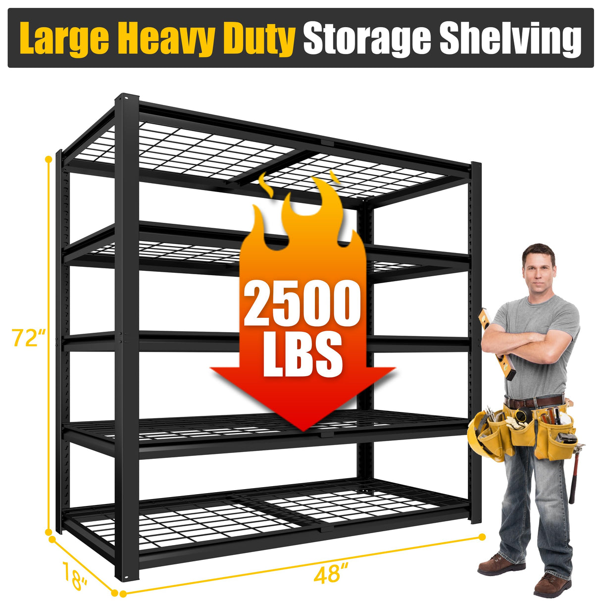 PrimeZone 72" H X 48" W X 18" D Heavy Duty Garage Shelving 5 Tier 2500 LBS Storage Shelves Adjustable Industrial Metal Wire Shelf Unit for Garage,Basement,Pantry,Warehouse,Commercial PrimeZone
