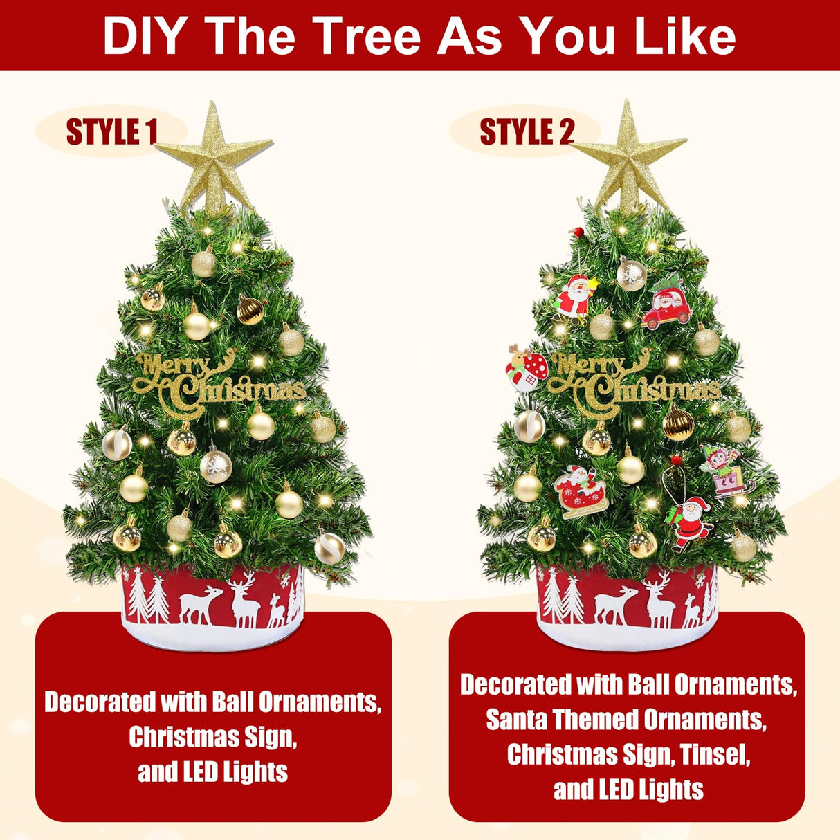 Grandeal 24" /2FT Mini Christmas Tree with Lights Timer 30 LEDs & 34 Ornaments, Small Tabletop Christmas Trees Artificial Christmas Decorations for Indoor Desk Room Office Home Decor Xmas Grandeal