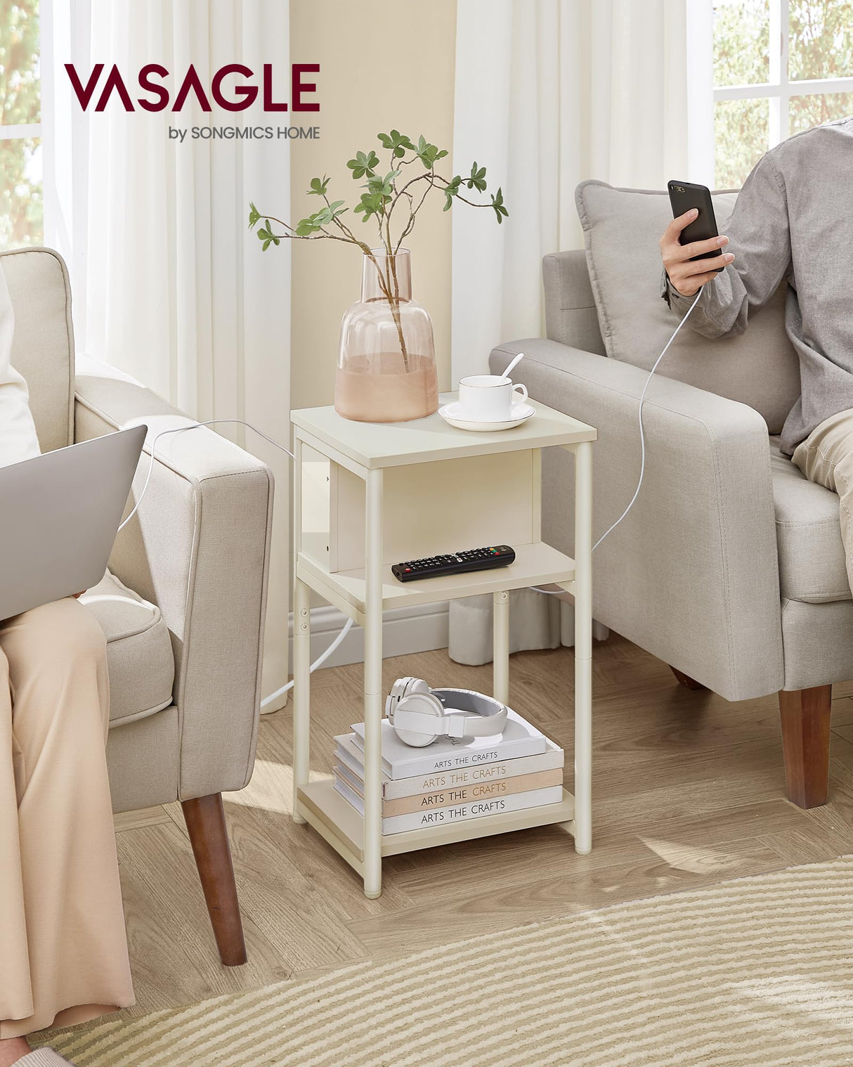 VASAGLE Side Table with Charging Station, 3-Tier End Table with USB Ports and Outlets, Nightstand for Living Room, Bedroom, 11.8 x 13.4 x 22.8 Inches, Plug-in Series, Cream White VASAGLE