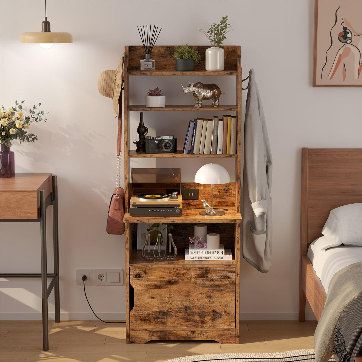 LIKIMIO Nightstand with Charging Station, 55" Tall End Side Table with Storage Cabinet, Small Bookshelf, for Living Room Office Bedroom, Vintage Brown LIKIMIO