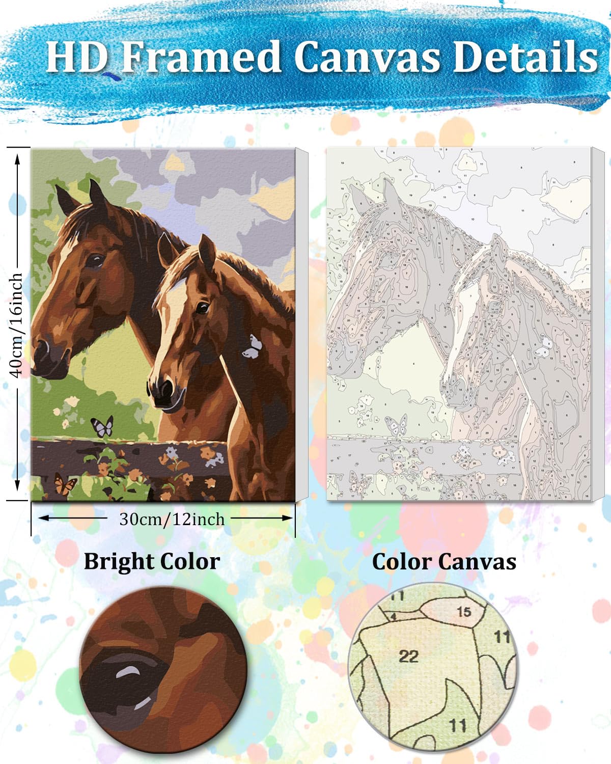 TOCARE Framed Paint by Numbers Kit for Adults, Horse Paint by Numbers with Frame,Horse Paint by Number Framed Canvas for Adults Animals (12x16Inch,Without Easel) TOCARE