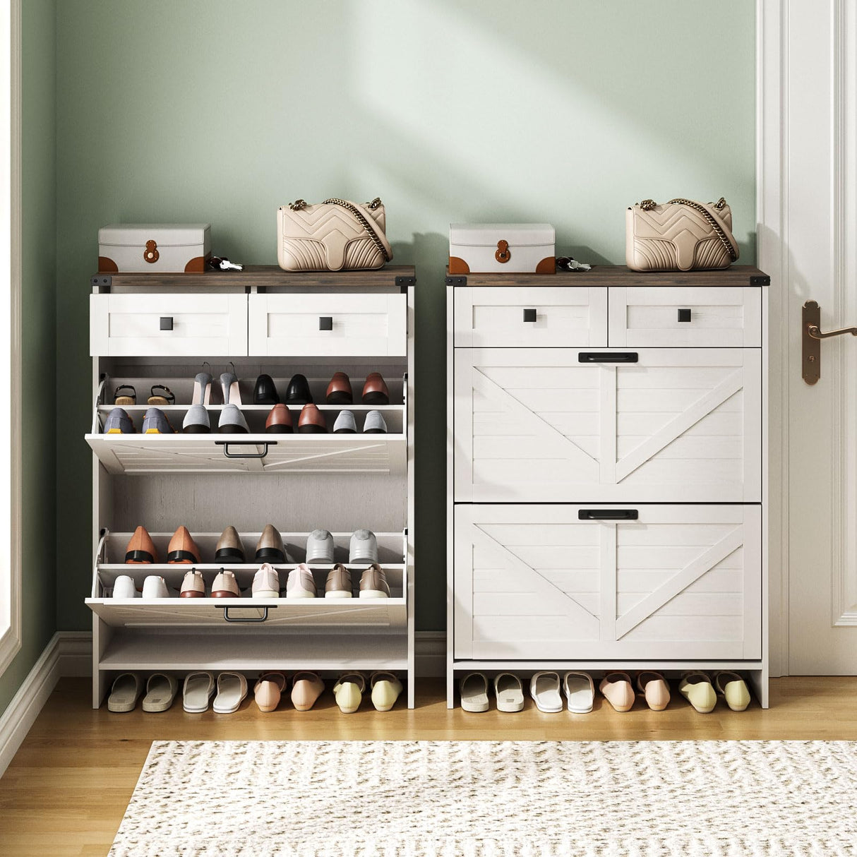 Halitaa Shoe Cabinet with 2 Flip Drawers & 2 Drawers,Farmhouse Shoe Storage Cabinet for Entryway,Slim Freestanding Narrow Organizer Rack for Front Door Entrance,White Halitaa