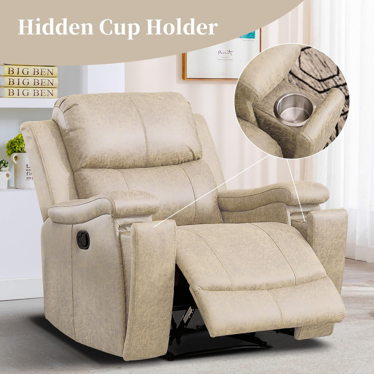 EBELLO Recliner Chair, Single Overstuffed Sofa Recliner, Breathable Faux Leather Manual Reclining Chairs with Hidden Cup Holder, Arm and Back for Adults, Living Room, Bedroom, Beige EBELLO
