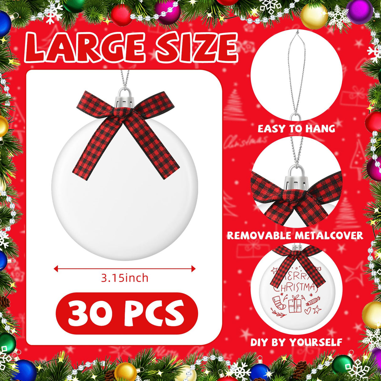 PullCrease 30 Pieces Blank Christmas Ornaments for Crafting, Sublimation Flat Ornaments DIY Matte White Ornaments Buffalo Plaid Bows Hanging Christmas Tree Balls for DIY Crafts (Silver Rope) PullCrease