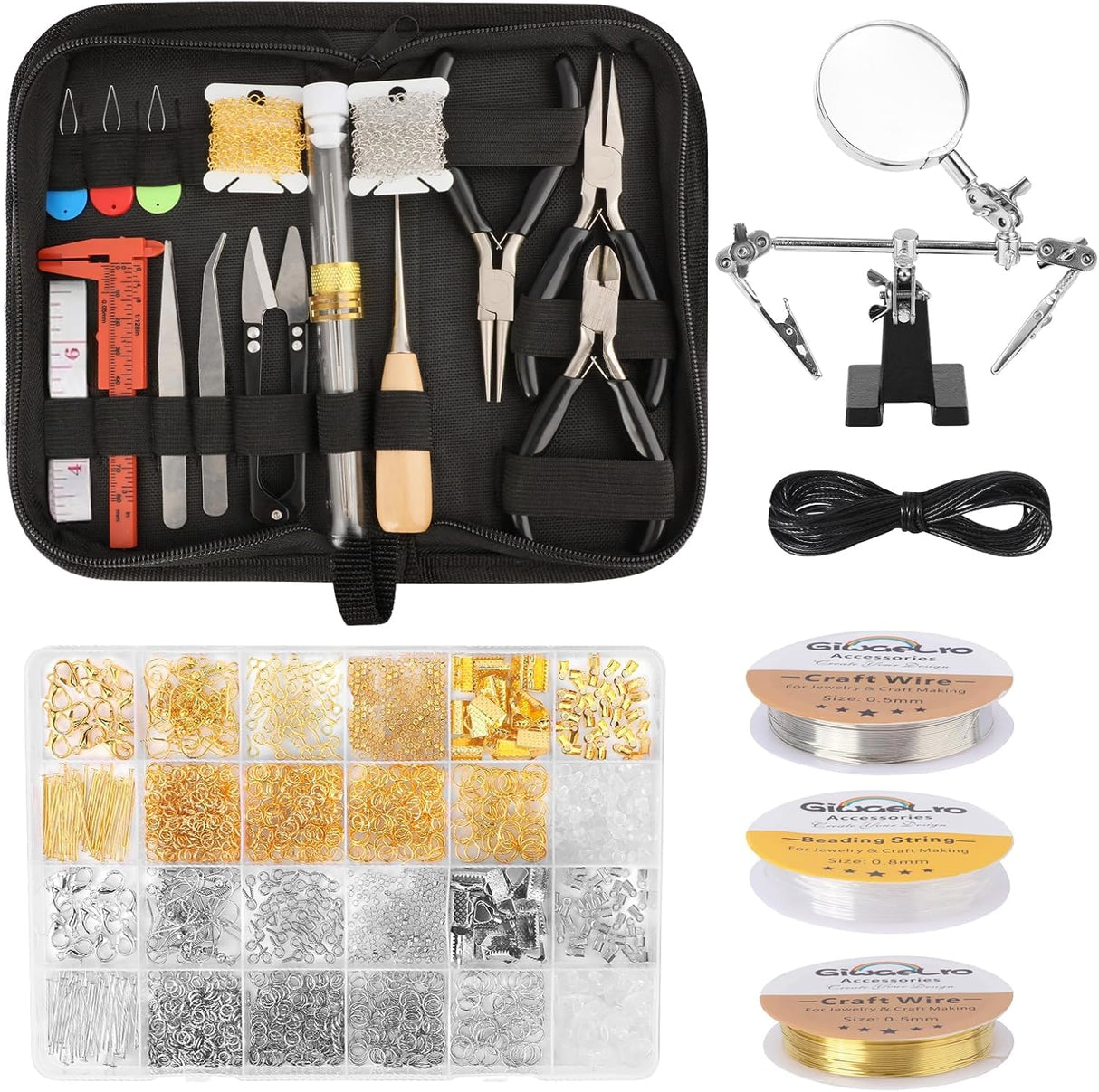 Giwaelro Jewelry Making Kit for Adults, Jewelry Making Supplies with Pliers, Wires, Findings, Necklace Chains, Magnifier and Storage Bag Giwaelro