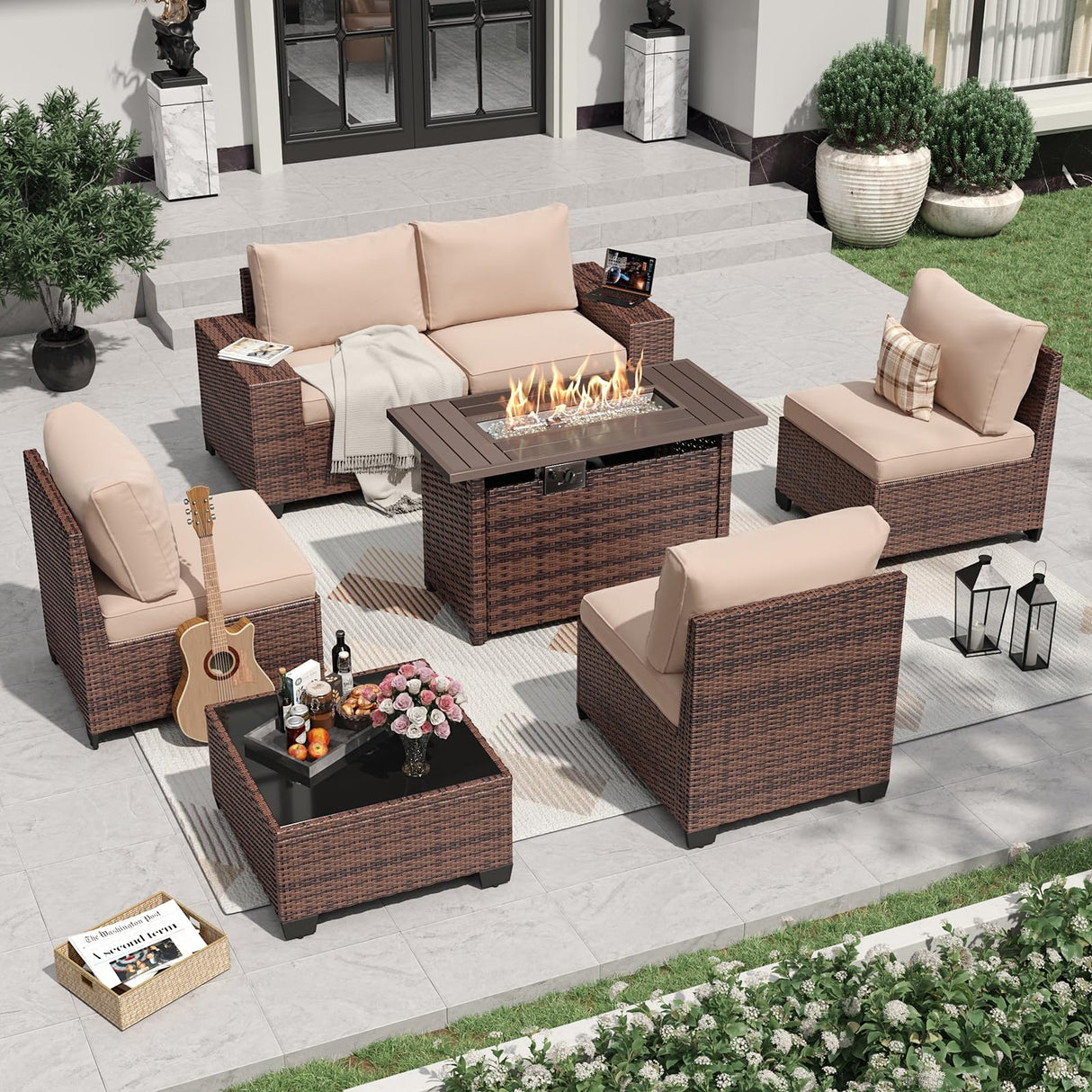 Aoxun 7 Pieces Patio Furniture Set with 44” Fire Pit Table Wicker Rattan Outdoor Sectional Conversation Set with Coffee Table and 4” Thickened Cushions, Beige (Waterproof Cover Included) Aoxun