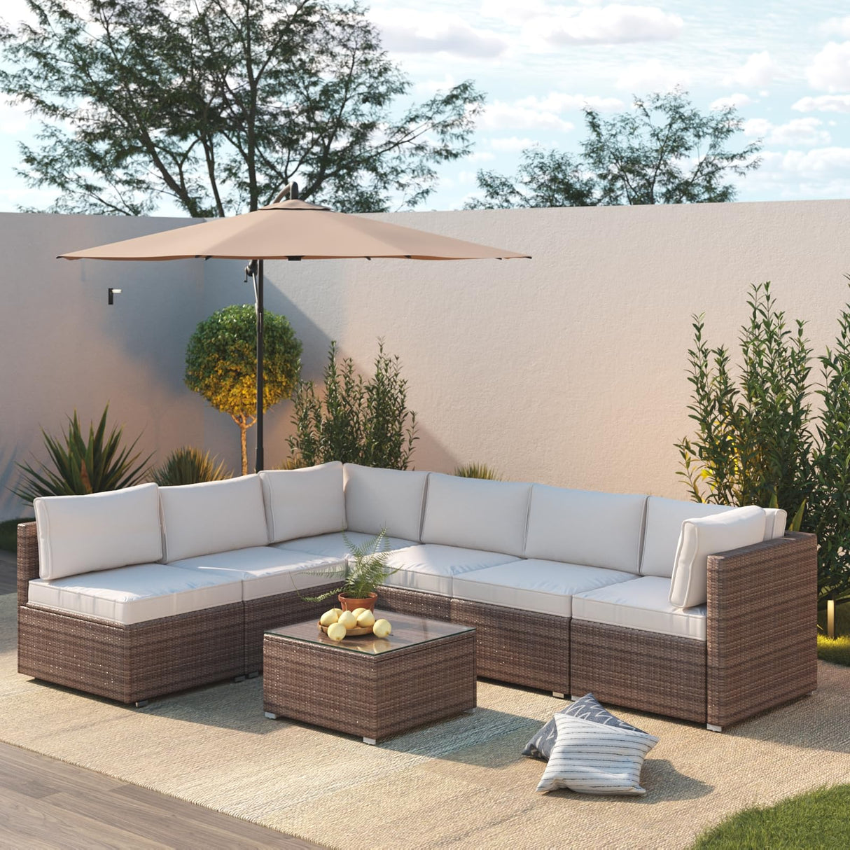 7 Piece Patio Furniture Set, Outdoor Couch Set—All-Weather Outdoor Furniture Sectional w Water Resistant Thick Cushions, Patio Sofa Set w 2 Extra Pillows and Coffee Table (Beige & Brown, 7PCS) Naga Bahna